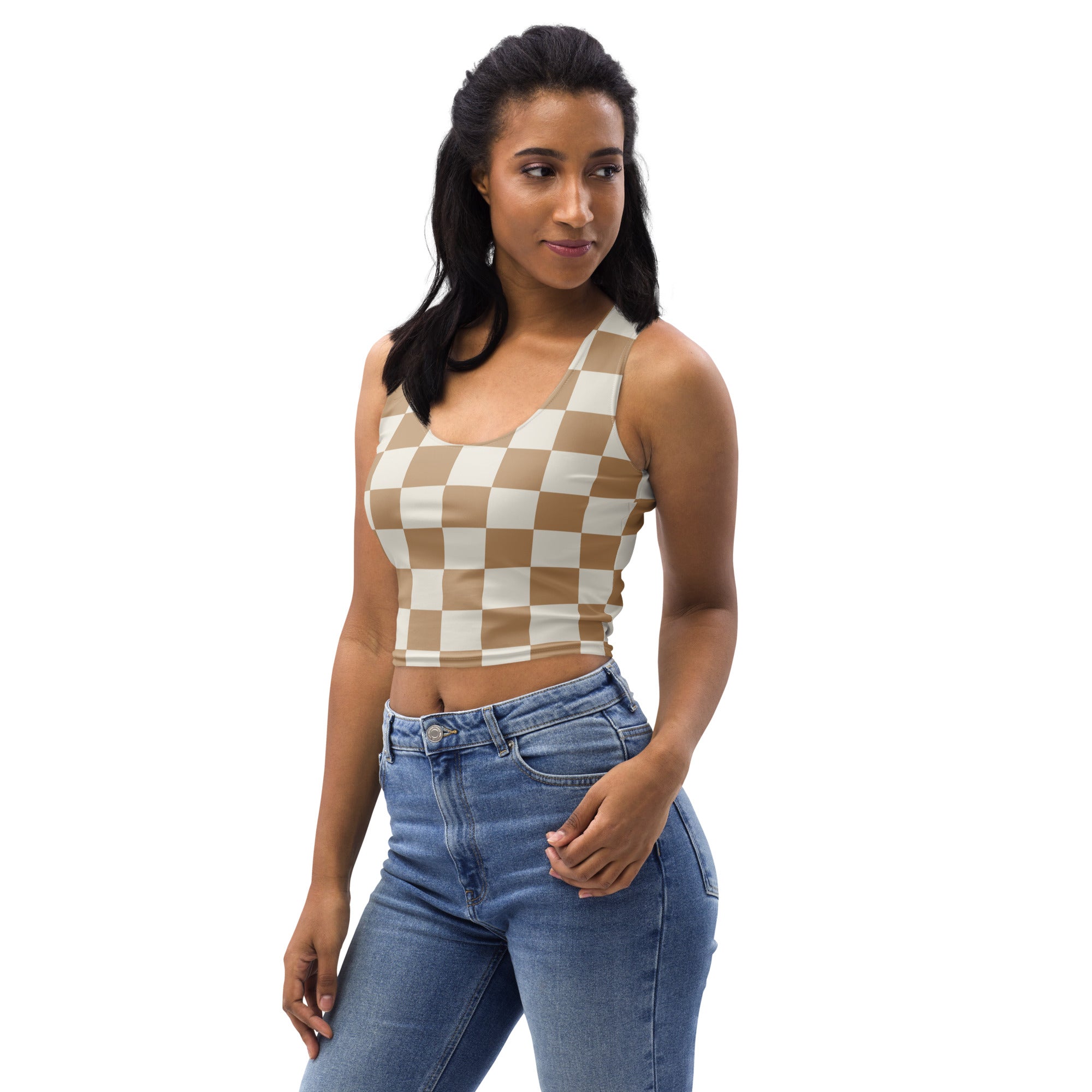 Women's Beige Checkerboard Buttery Soft Crop Top