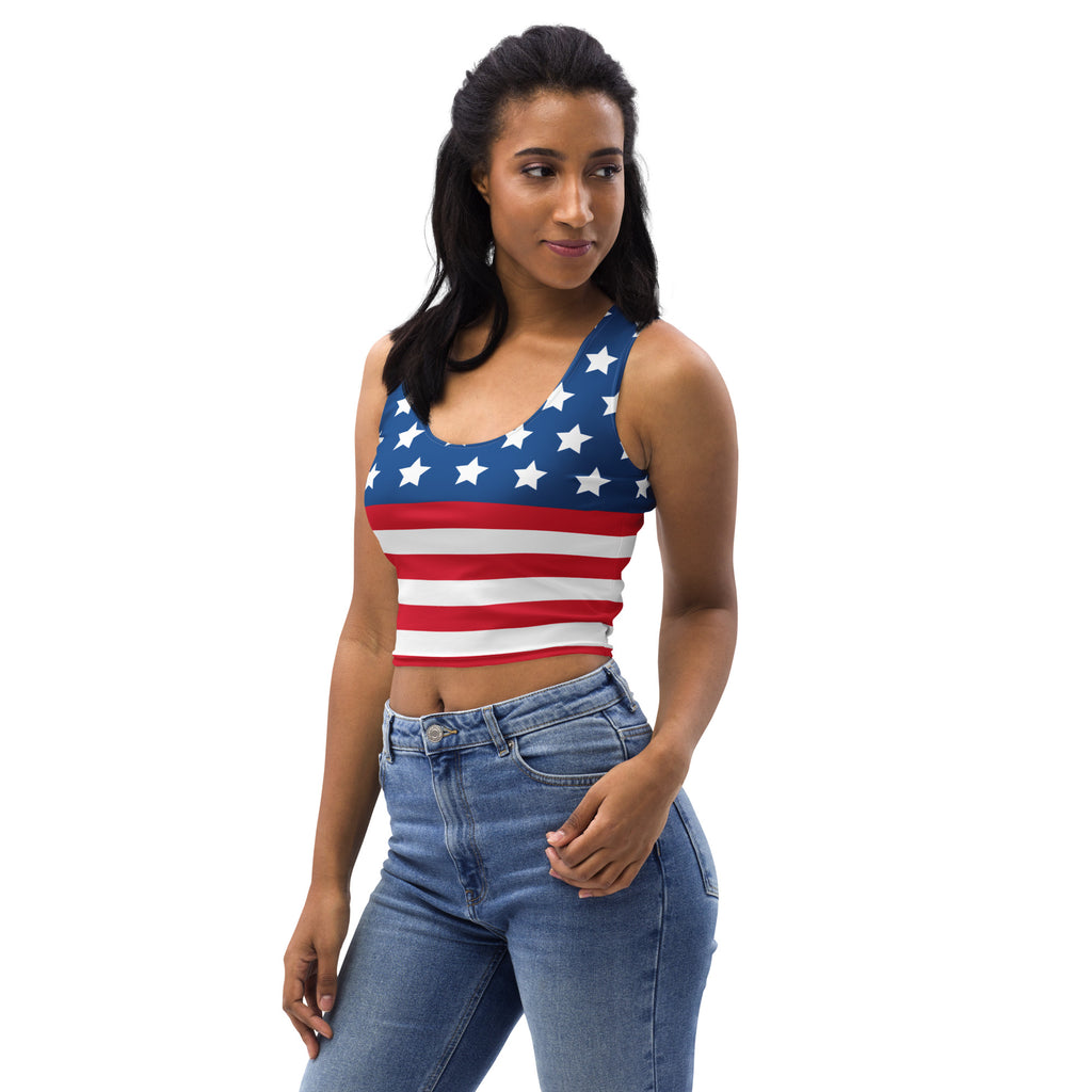 Women’s american flag buttery soft crop top in red white and blue showcasing the front design