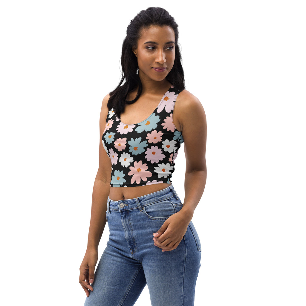 Women’s retro pastel flower buttery soft black crop top with vibrant pink light blue and white daisy pattern