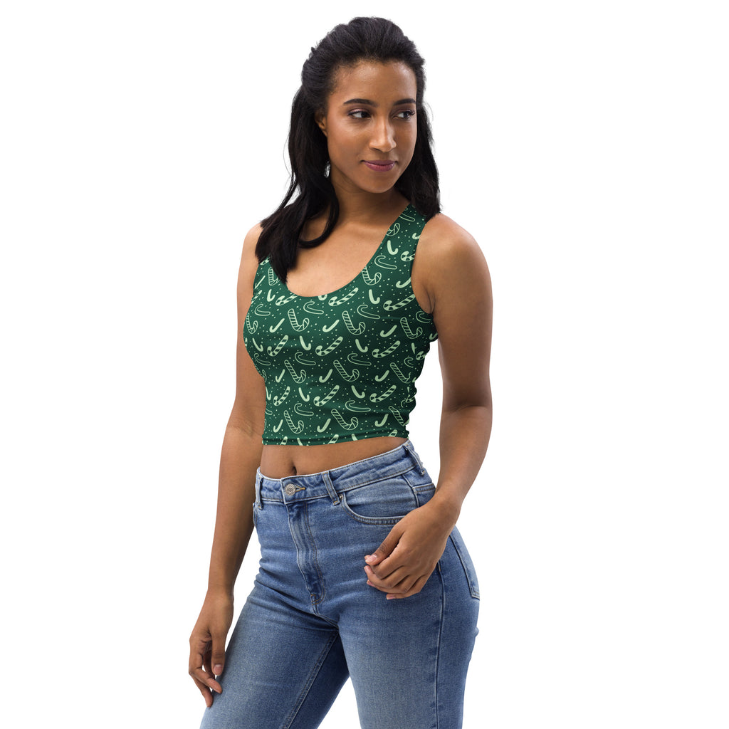 Women’s green buttery soft crop top with white candy cane pattern for christmas festive wear