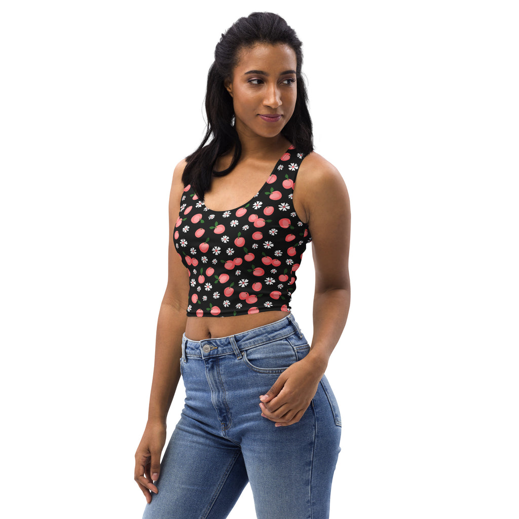 Women’s peach blossom buttery soft black crop top with pink cherry and white flower pattern