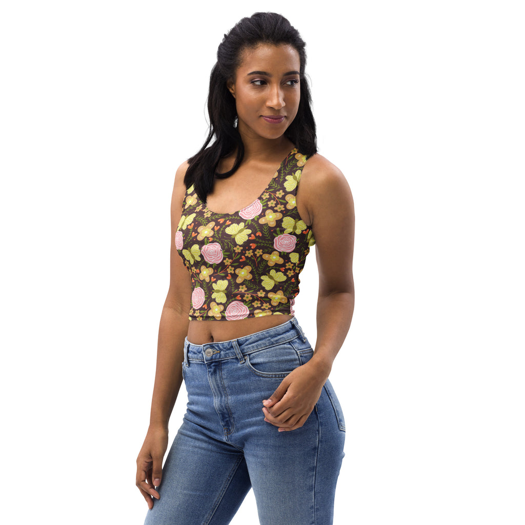 Women’s retro floral buttery soft crop top with vibrant pink roses and yellow butterflies on dark brown background