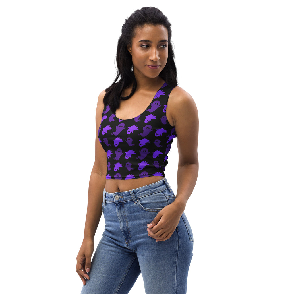 Women’s black buttery soft crop top with purple ghost pattern perfect for halloween wear