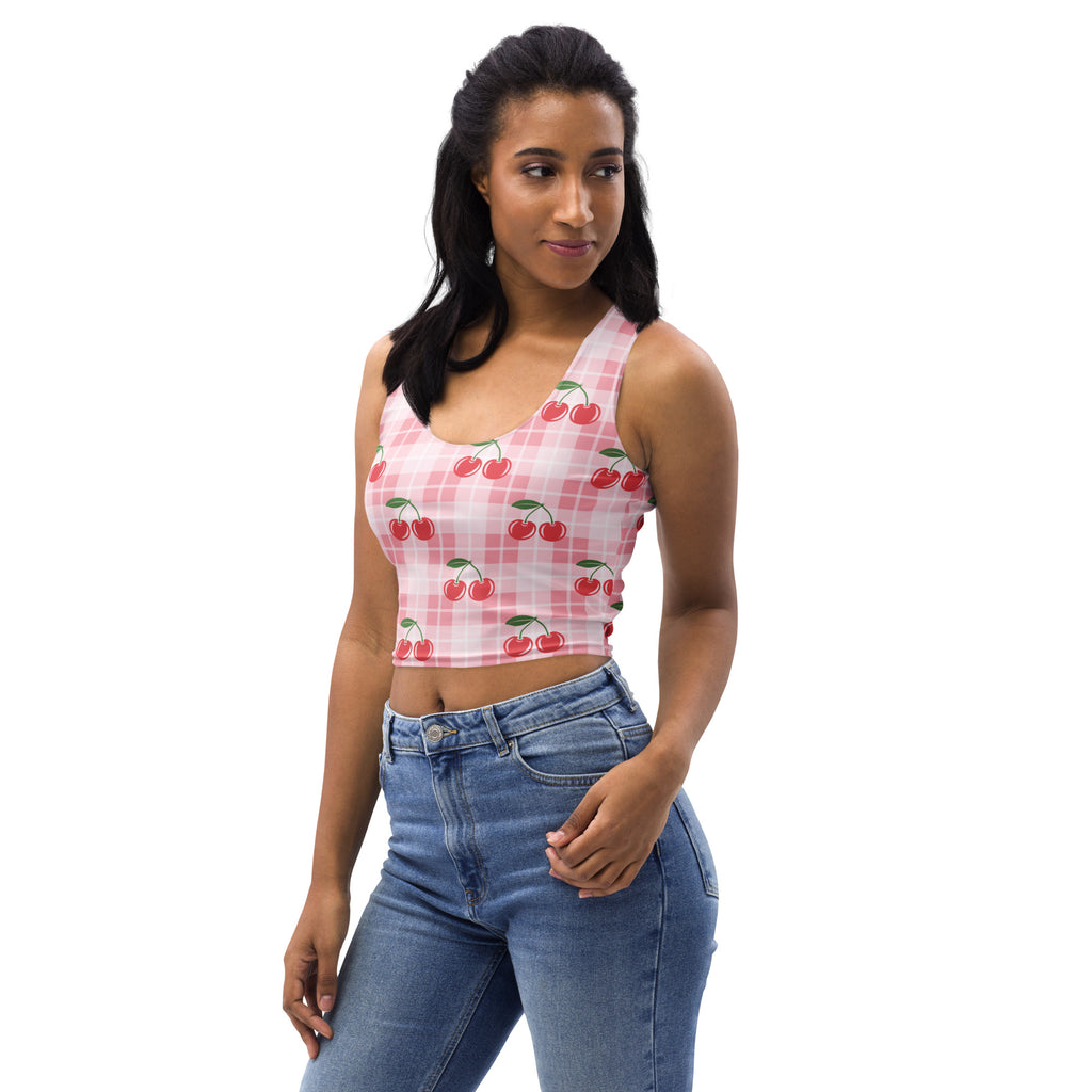 Women’s pink gingham cherry buttery soft crop top featuring pink and white plaid with red cherry graphics