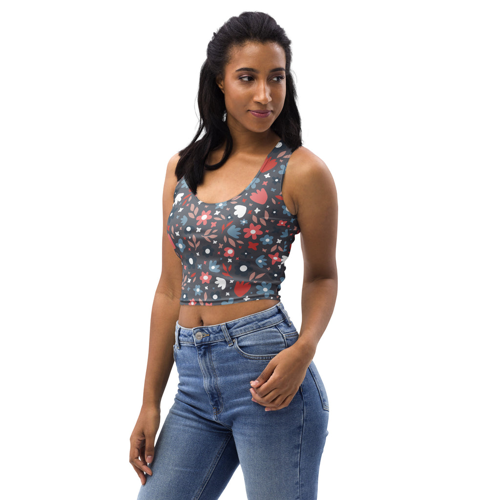 Women’s dark floral buttery soft crop top in dark gray with vibrant red white blue and pink floral heart pattern