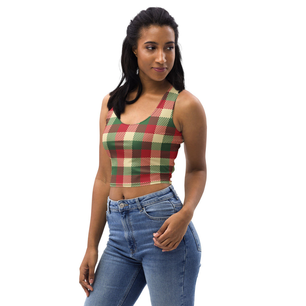 Women’s red green and beige plaid buttery soft crop top with racerback design for christmas festive wear back view