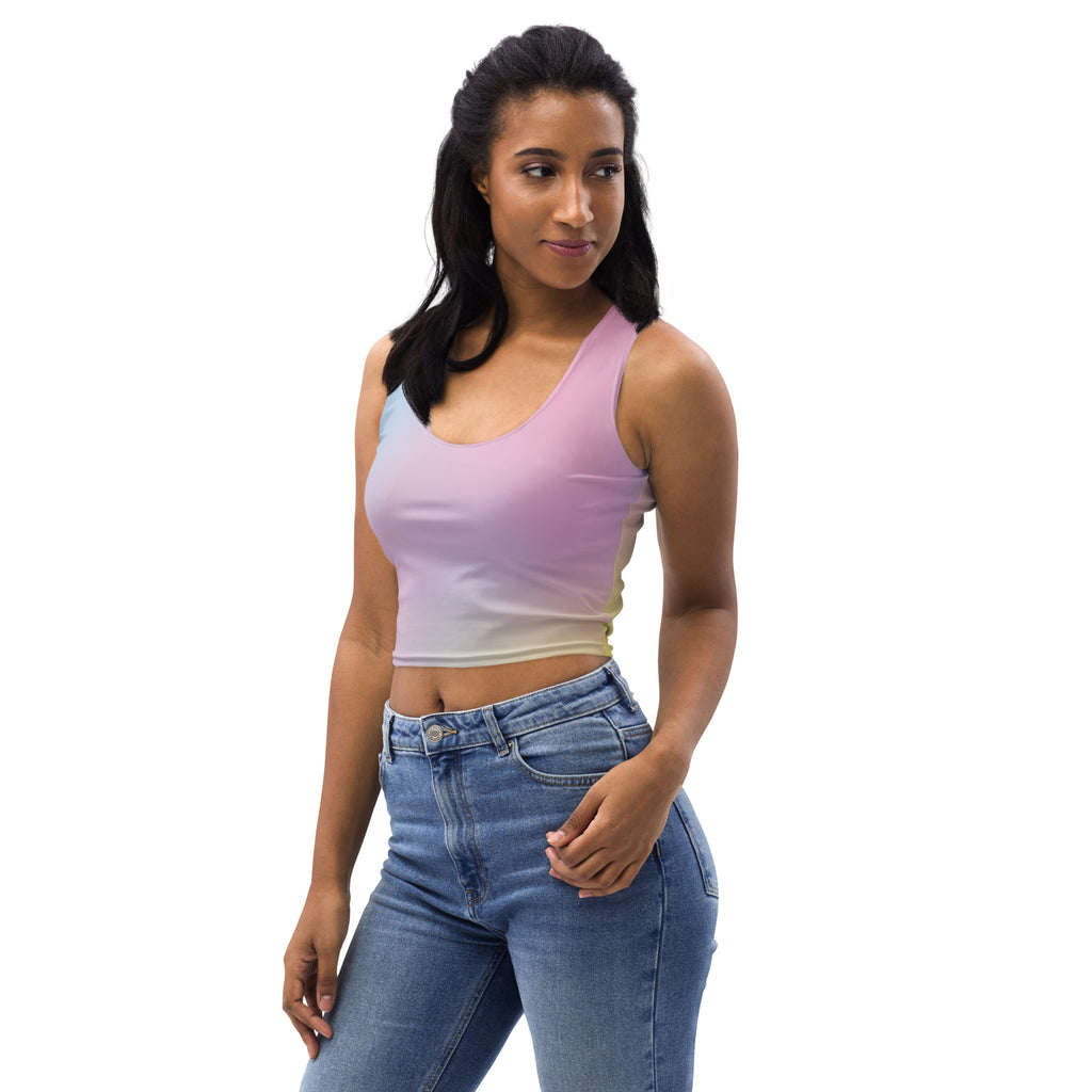 Women’s kawaii pastel ombre buttery soft crop top with pastel pink lavender and pale yellow gradient in stretchy fabric