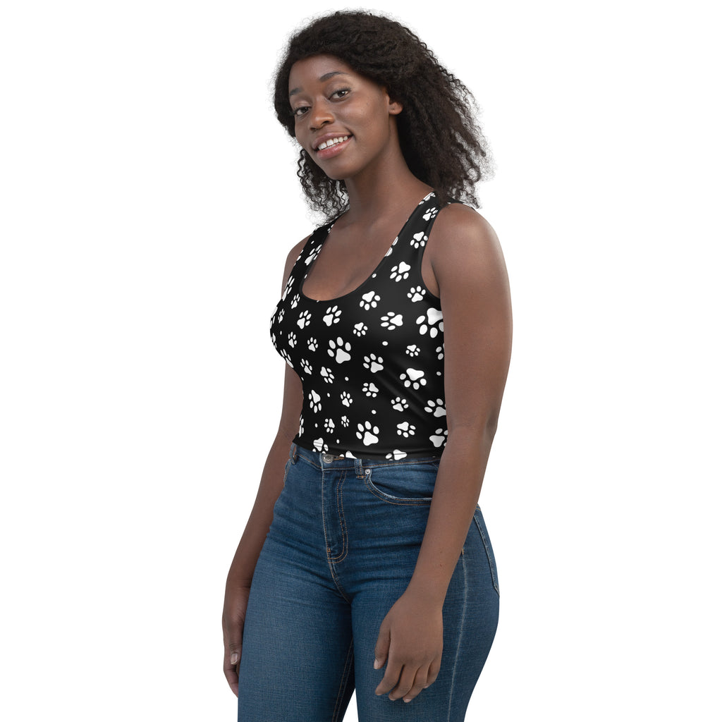 Women's Black Paw Print Buttery Soft Crop Top- Quick-Drying UPF 50+ Stretch Top