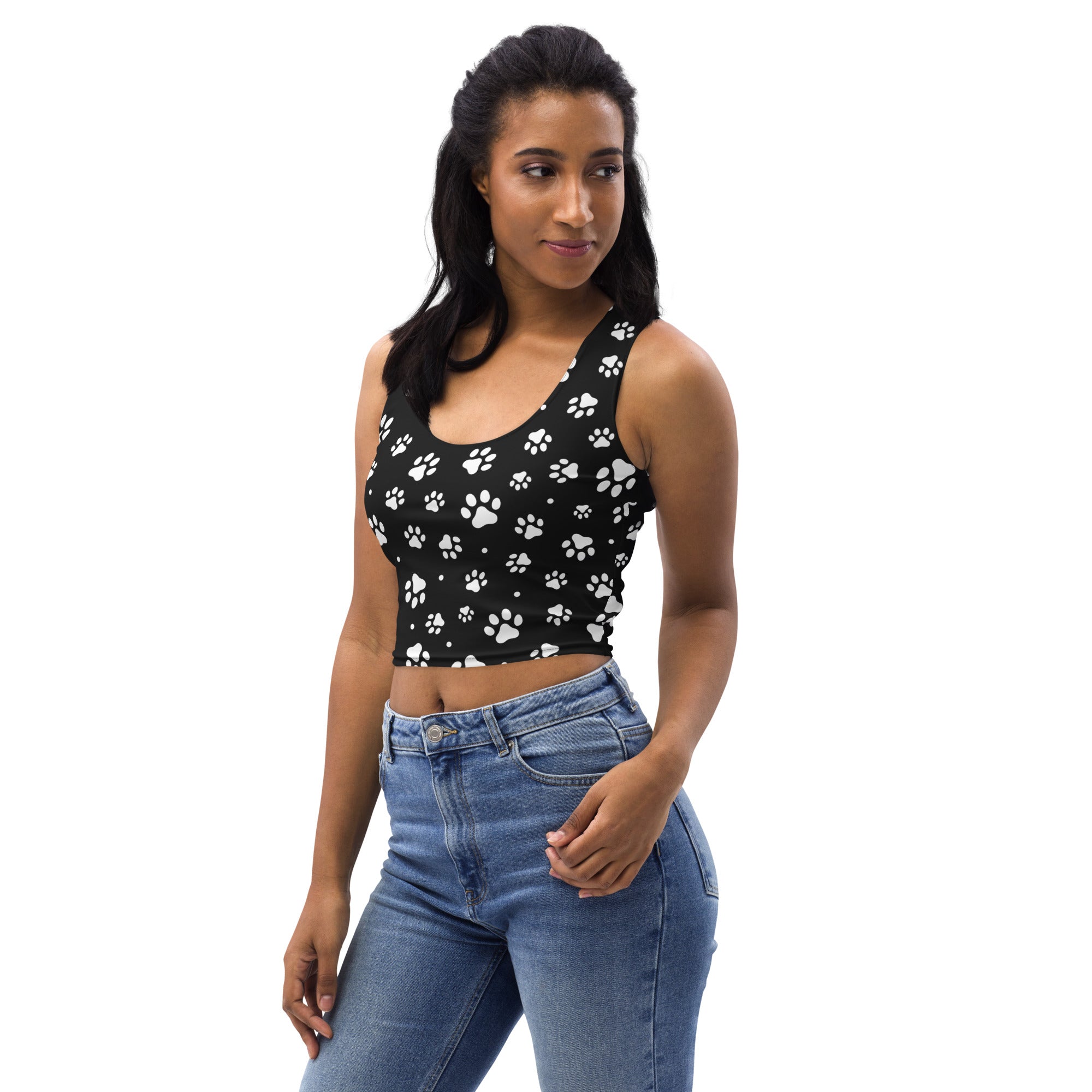 Women's Black Paw Print Buttery Soft Crop Top- Quick-Drying UPF 50+ Stretch Top