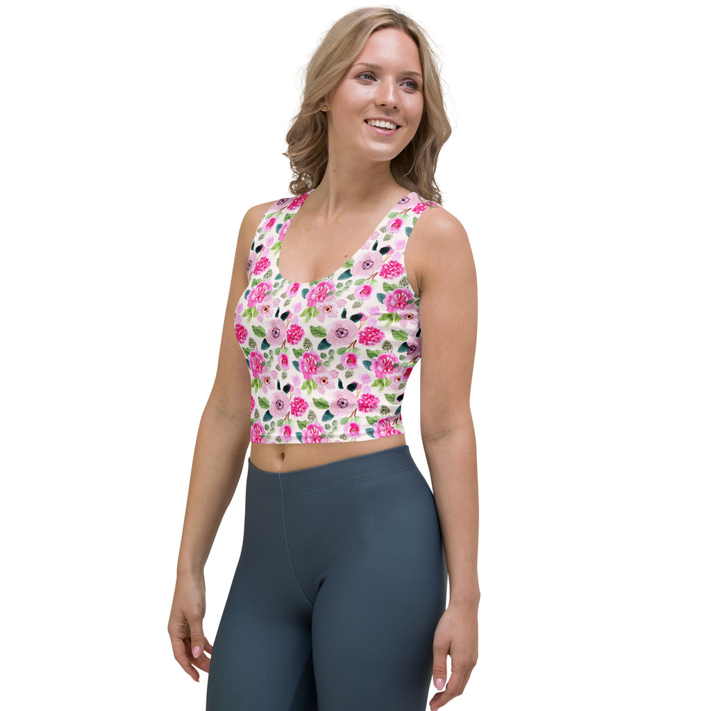 Women's Pink Watercolor Flowers Buttery Soft Crop Top- Quick-Drying UPF 50+ Stretch Top