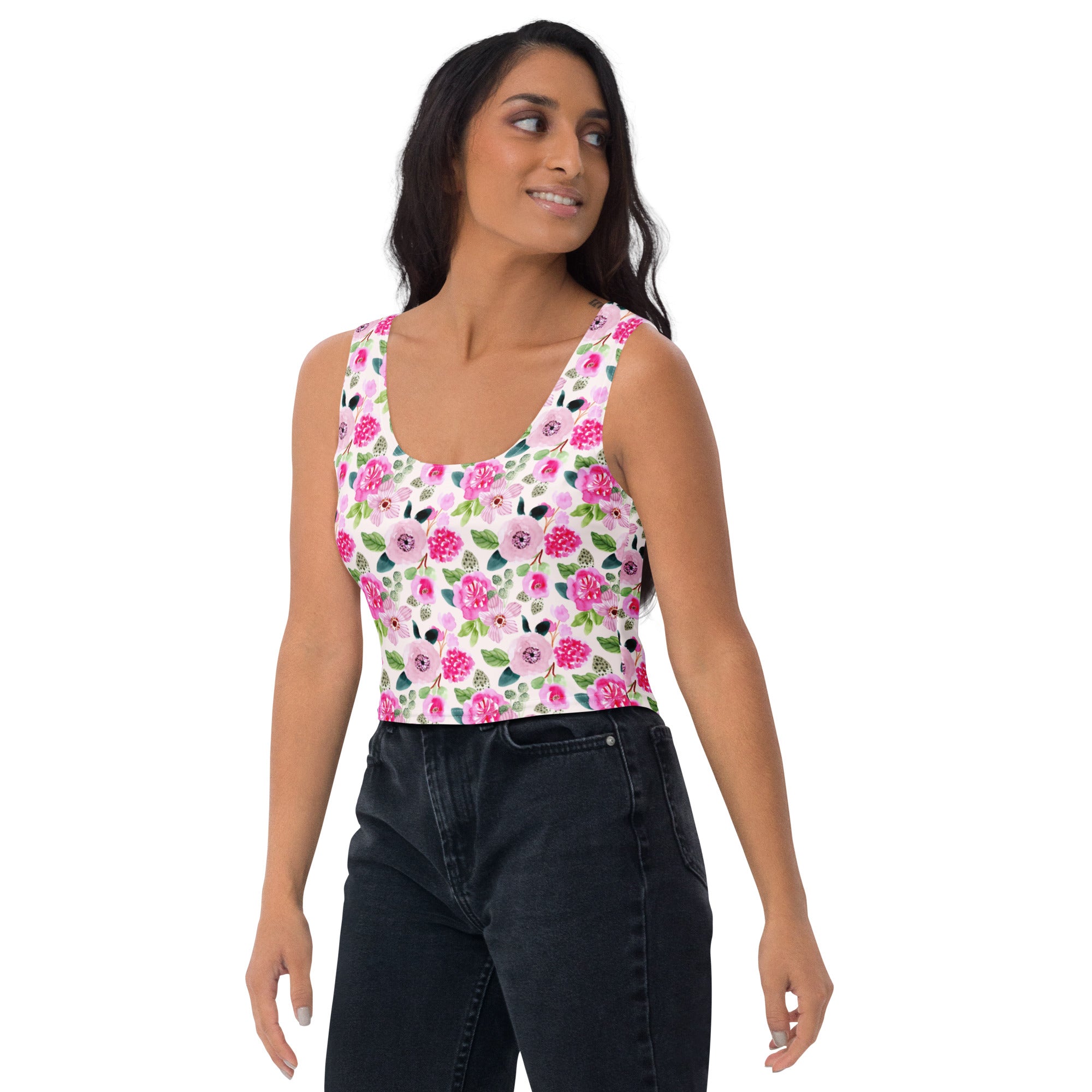 Women's Pink Watercolor Flowers Buttery Soft Crop Top- Quick-Drying UPF 50+ Stretch Top