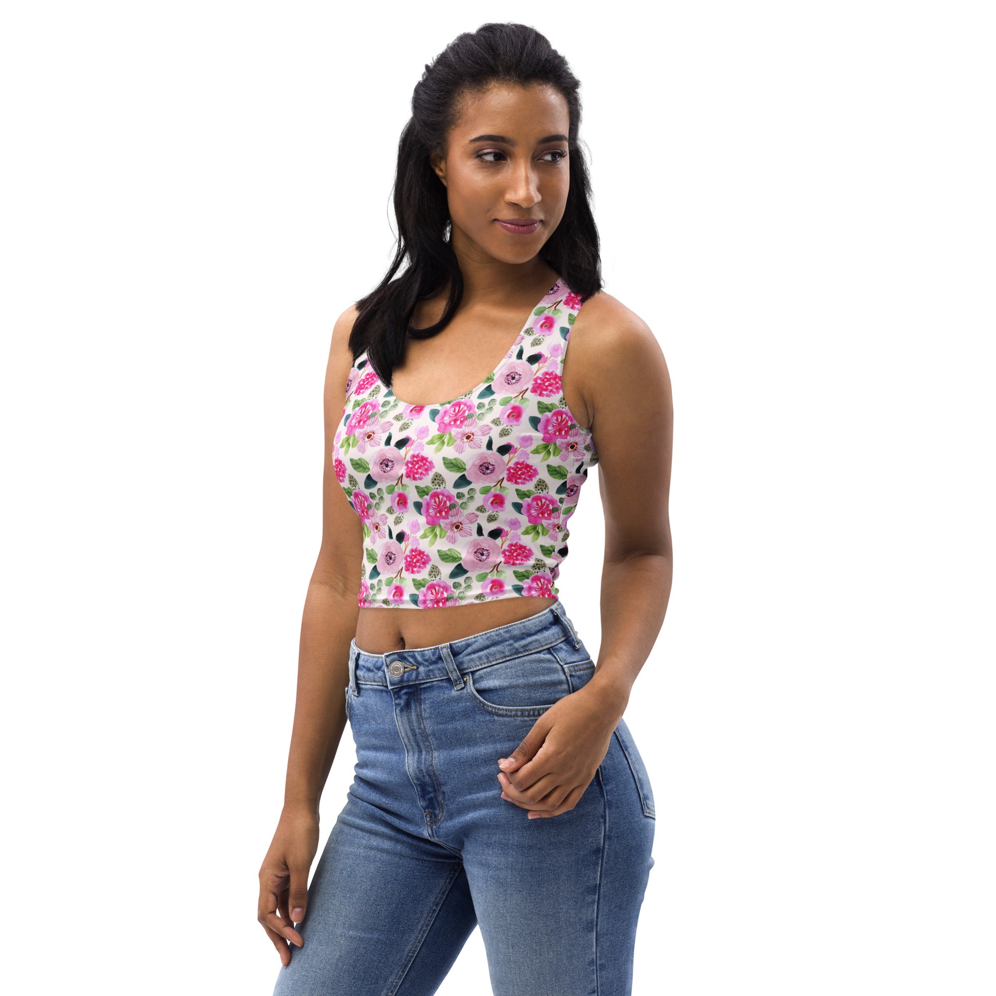 Women's Pink Watercolor Flowers Buttery Soft Crop Top- Quick-Drying UPF 50+ Stretch Top
