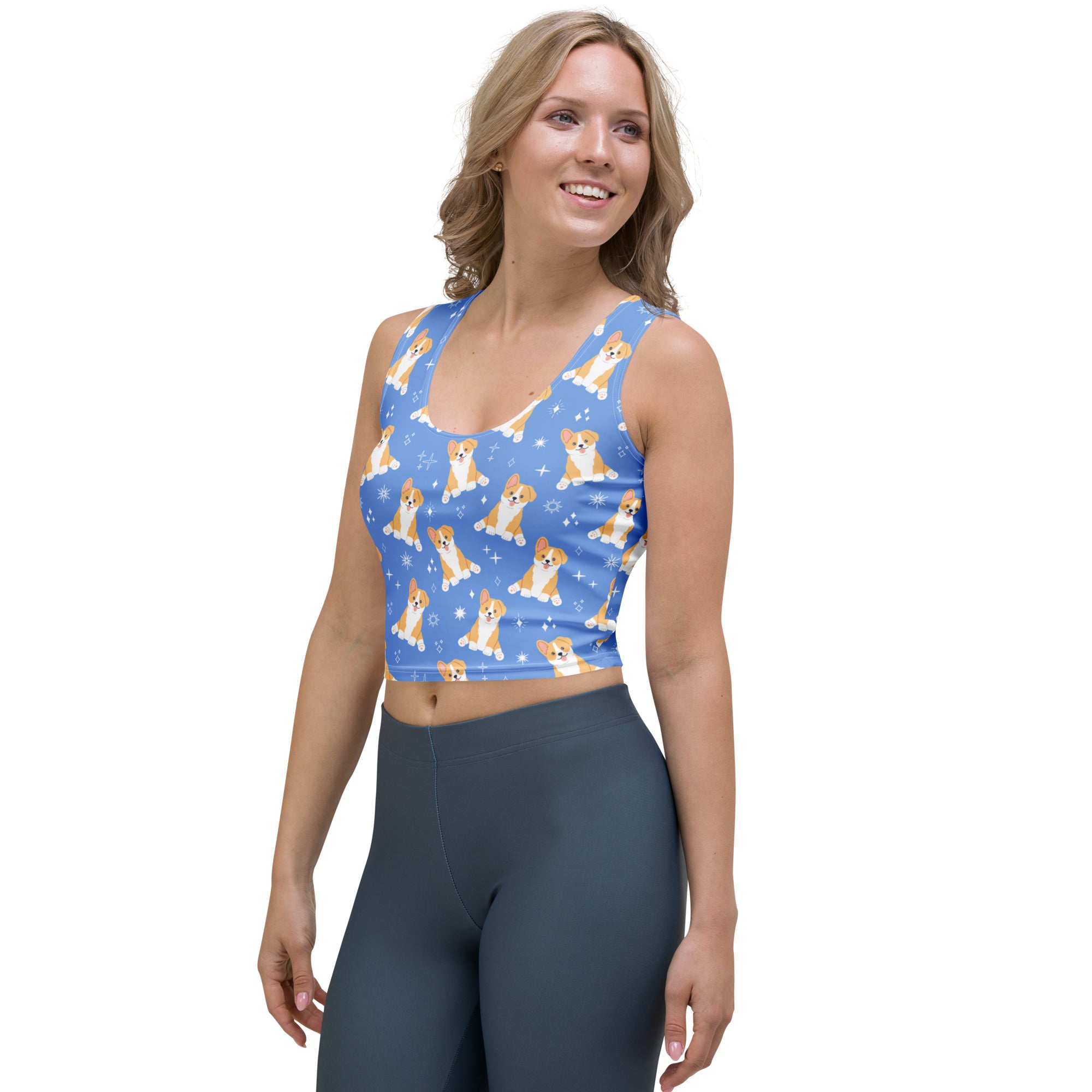 Women's Blue Corgi Dog Buttery Soft Crop Top- Quick-Drying UPF 50+ Stretch Top