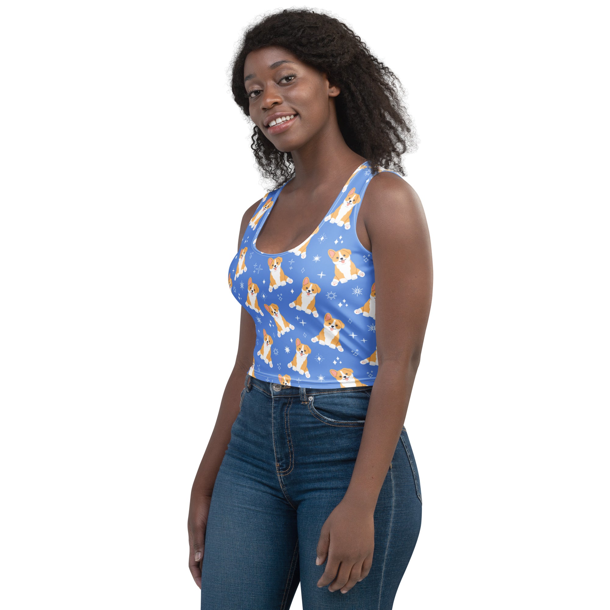 Women's Blue Corgi Dog Buttery Soft Crop Top- Quick-Drying UPF 50+ Stretch Top