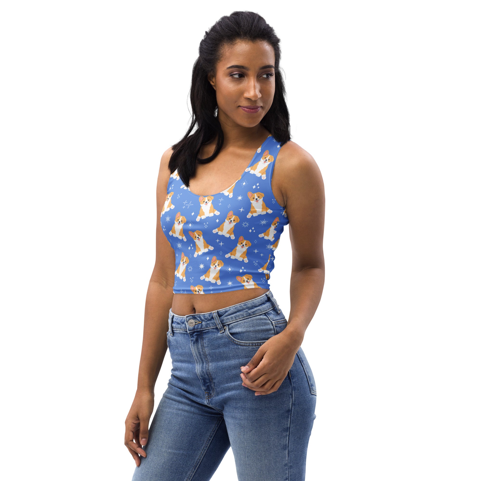 Women's Blue Corgi Dog Buttery Soft Crop Top- Quick-Drying UPF 50+ Stretch Top