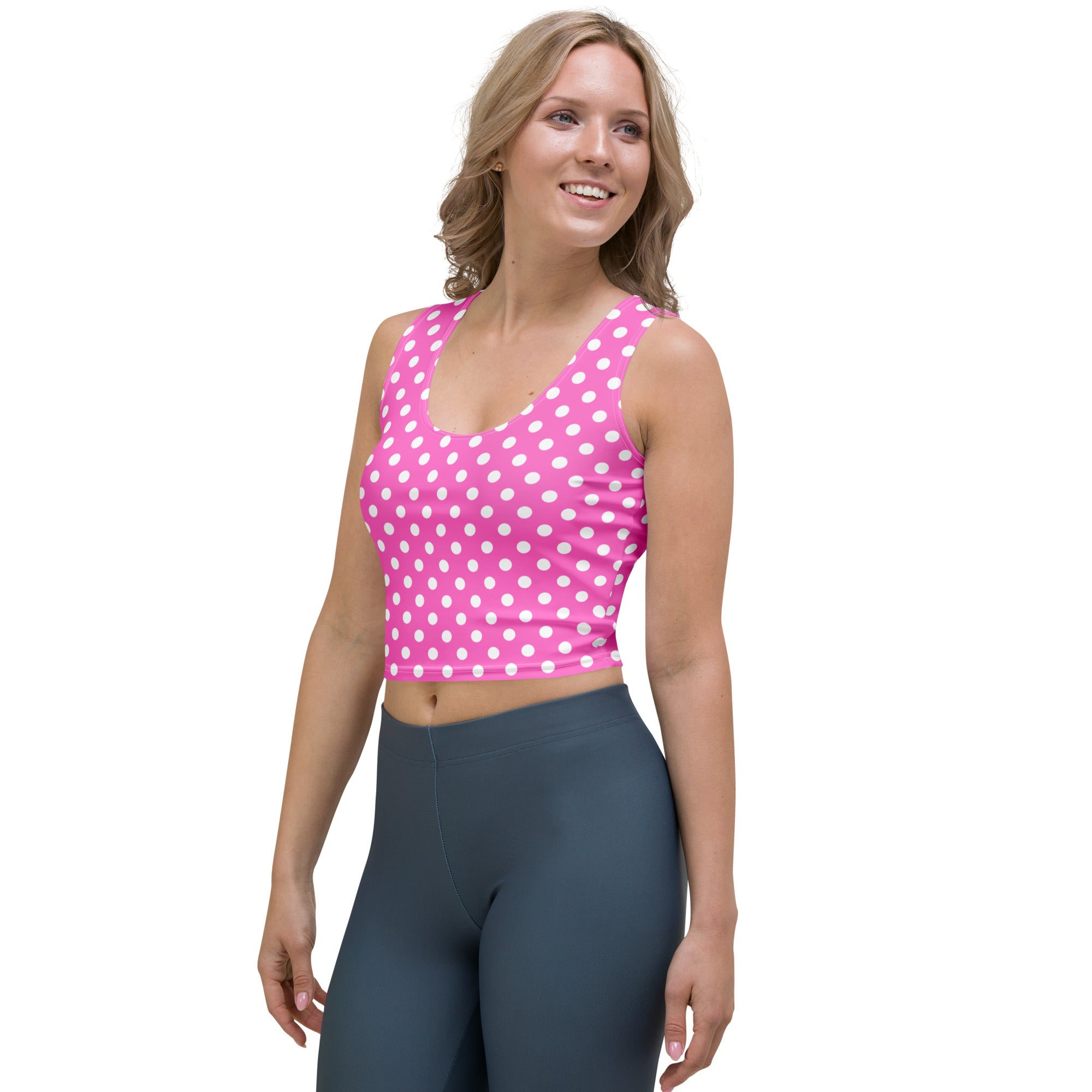 Women's Pink Polka Dot Buttery Soft Crop Top- Quick-Drying UPF 50+ Stretch Top