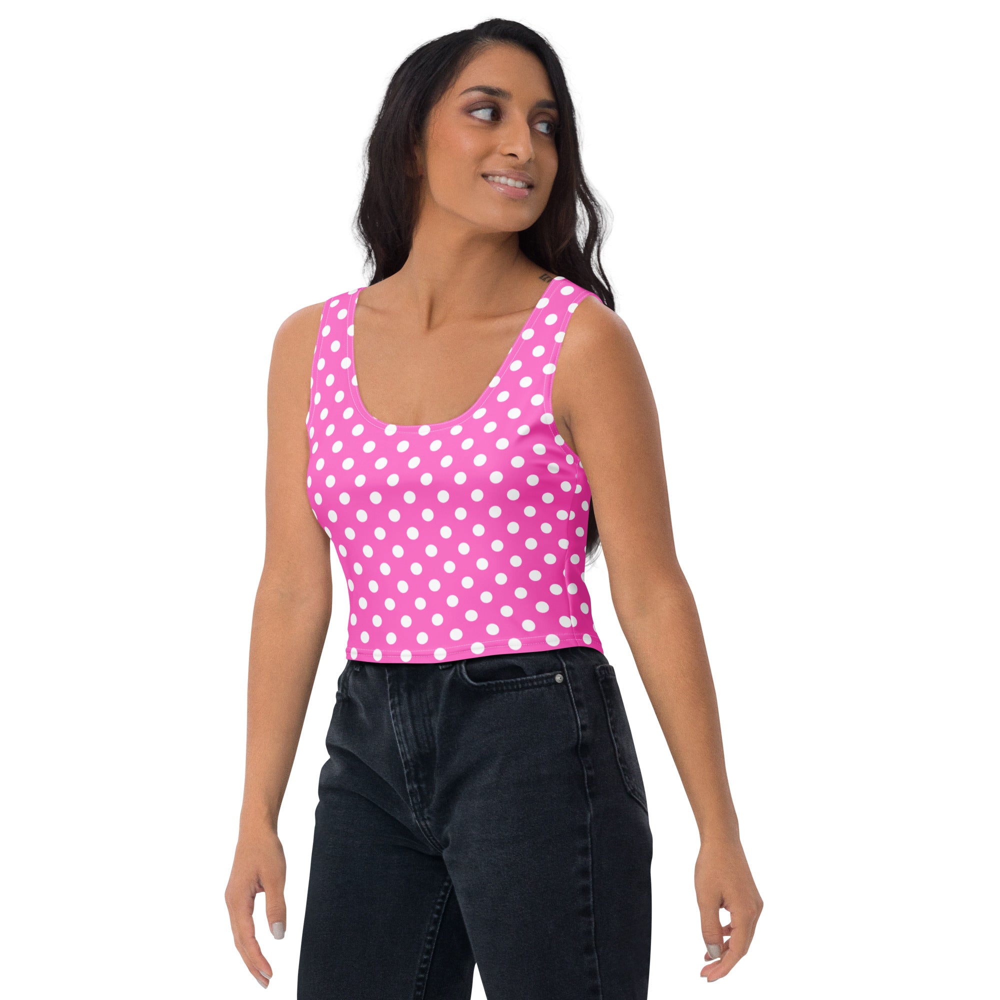 Women's Pink Polka Dot Buttery Soft Crop Top- Quick-Drying UPF 50+ Stretch Top