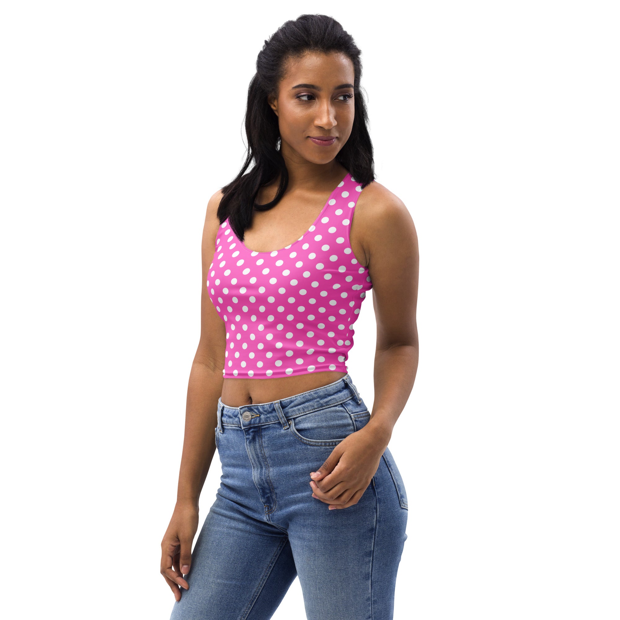 Women's Pink Polka Dot Buttery Soft Crop Top- Quick-Drying UPF 50+ Stretch Top
