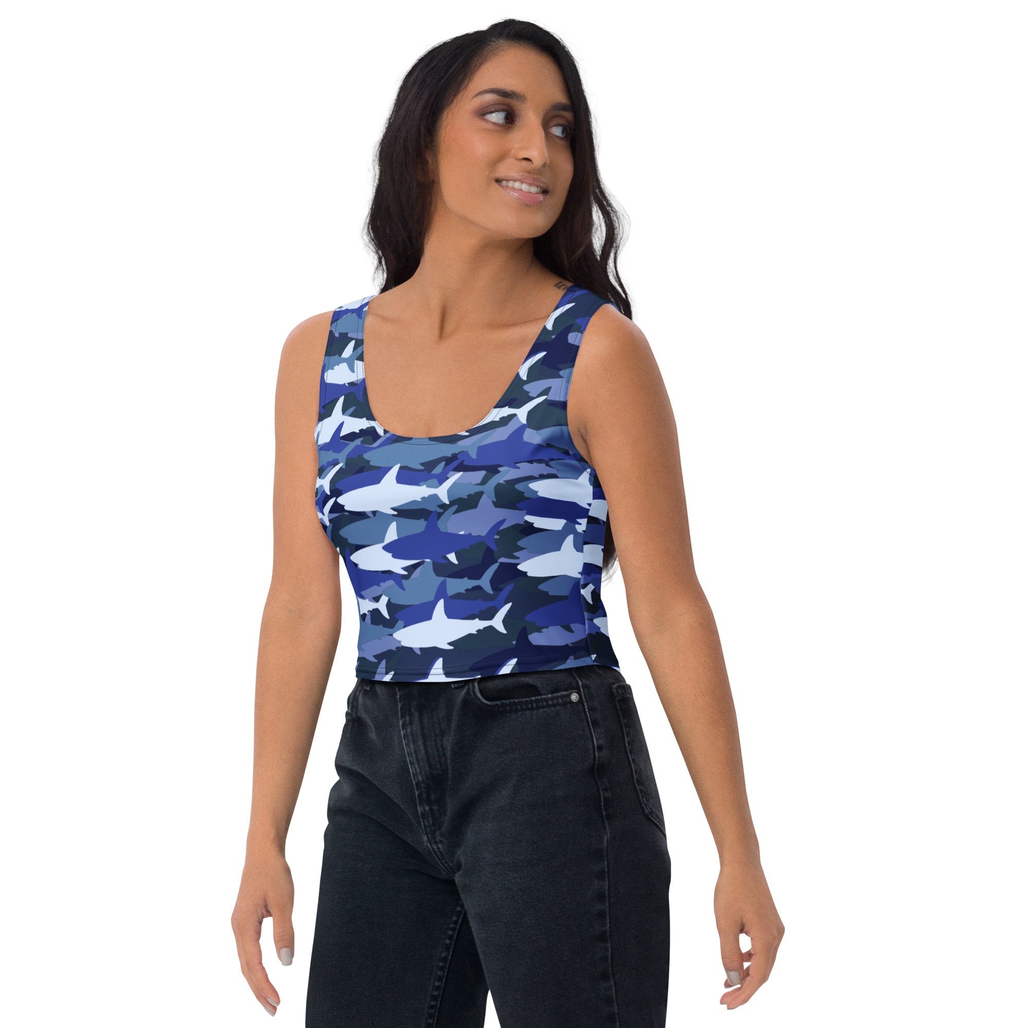 Women's Blue Shark Camouflage Buttery Soft Crop Top- Quick-Drying UPF 50+ Stretch Top