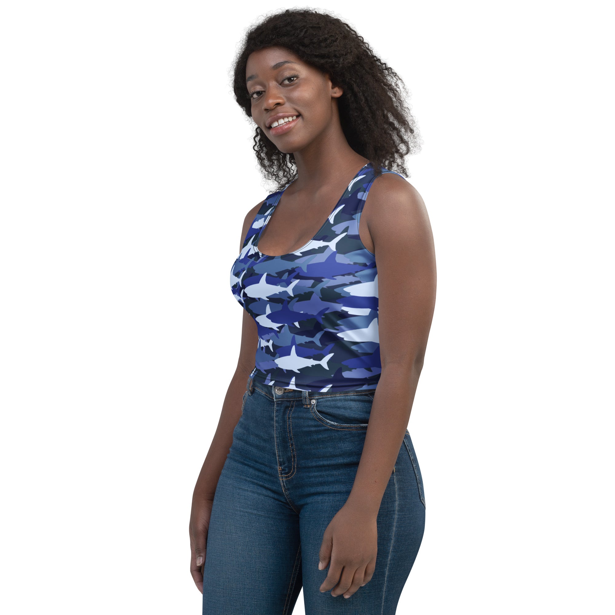 Women's Blue Shark Camouflage Buttery Soft Crop Top- Quick-Drying UPF 50+ Stretch Top