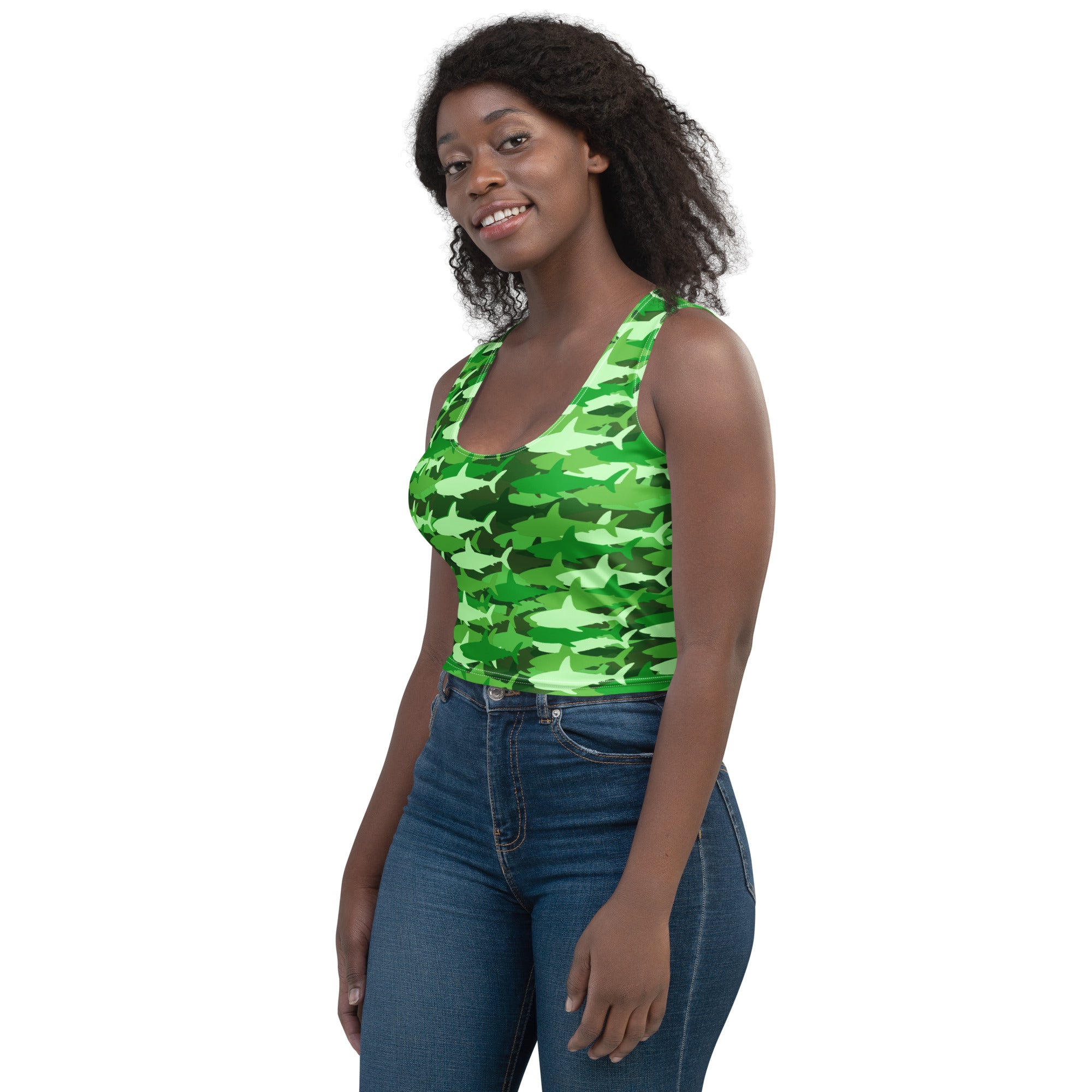 Women's Green Shark Camouflage Buttery Soft Crop Top- Quick-Drying UPF 50+ Stretch Top
