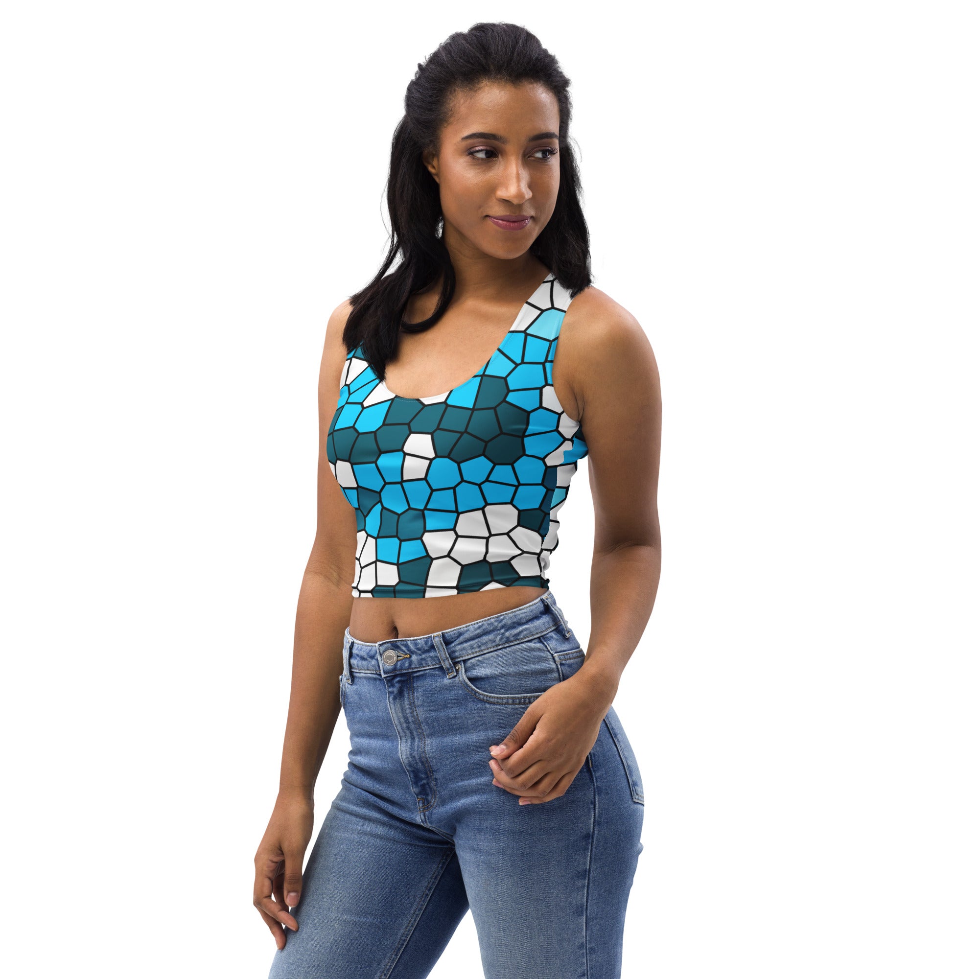 Women's Blue Abstract Buttery Soft Crop Top- Quick-Drying UPF 50+ Stretch Top