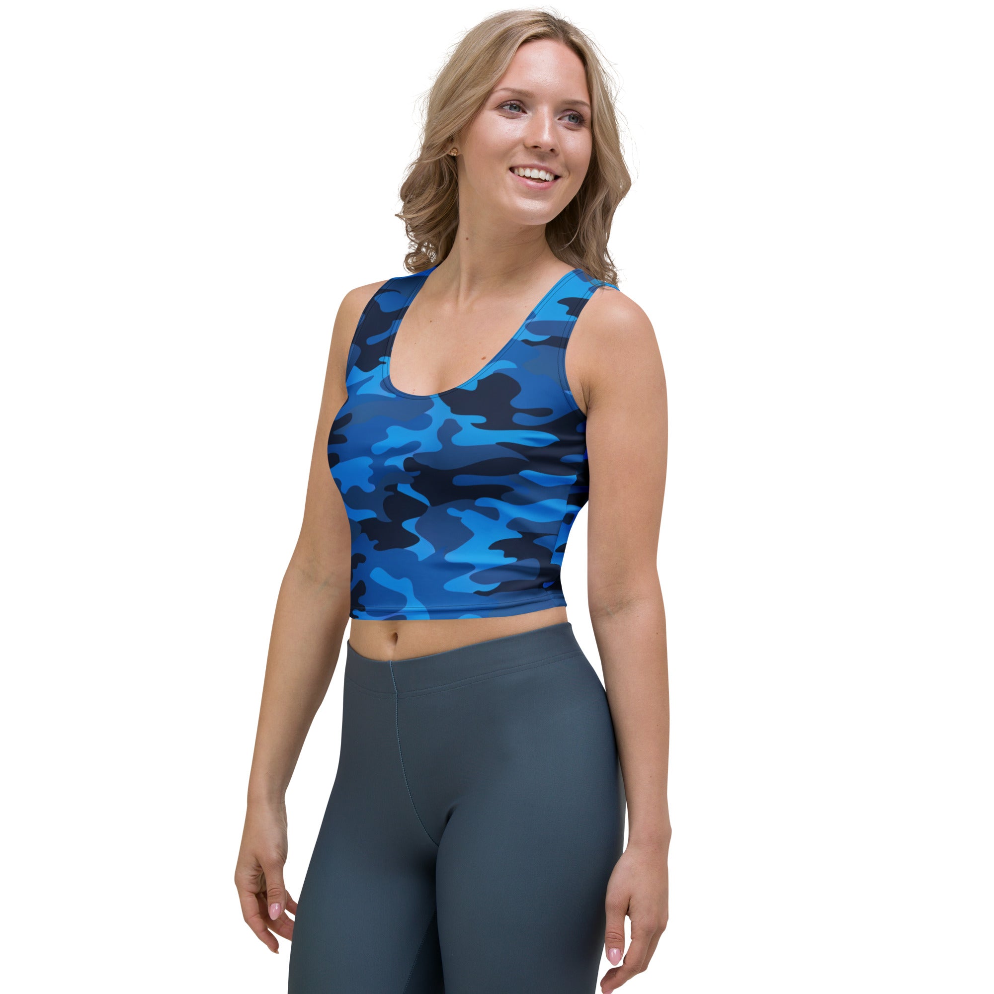 Women's Blue Camouflage Buttery Soft Crop Top- Quick-Drying UPF 50+ Stretch Top