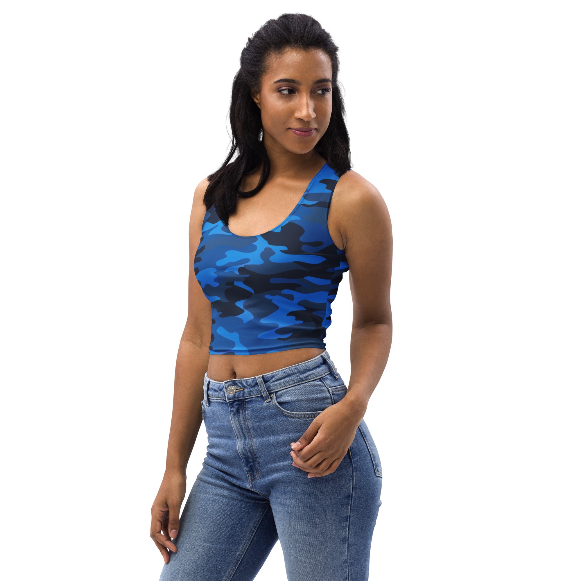 Women's Blue Camouflage Buttery Soft Crop Top- Quick-Drying UPF 50+ Stretch Top