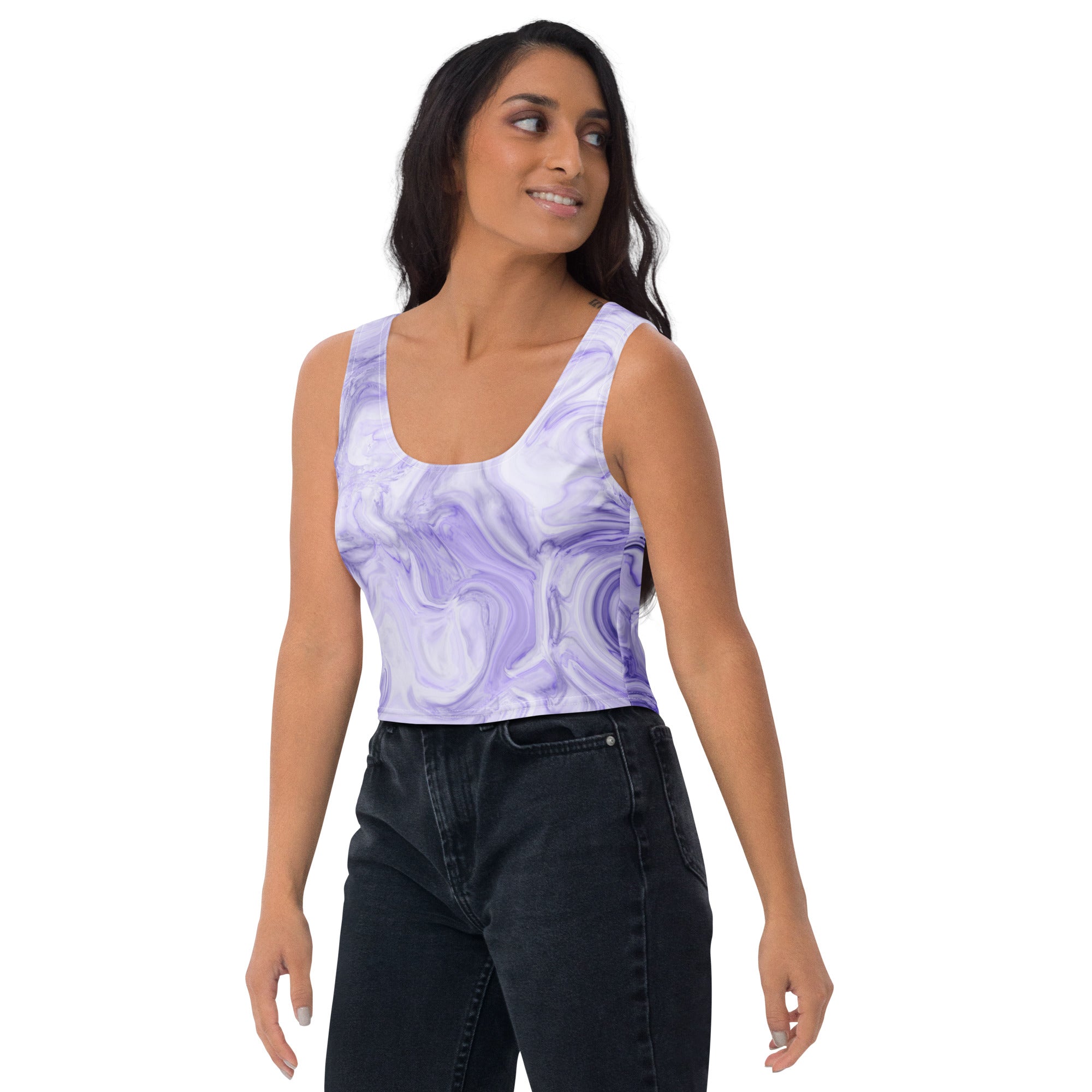Women's Purple Watercolor Marble Buttery Soft Crop Top- Quick-Drying UPF 50+ Stretch Top