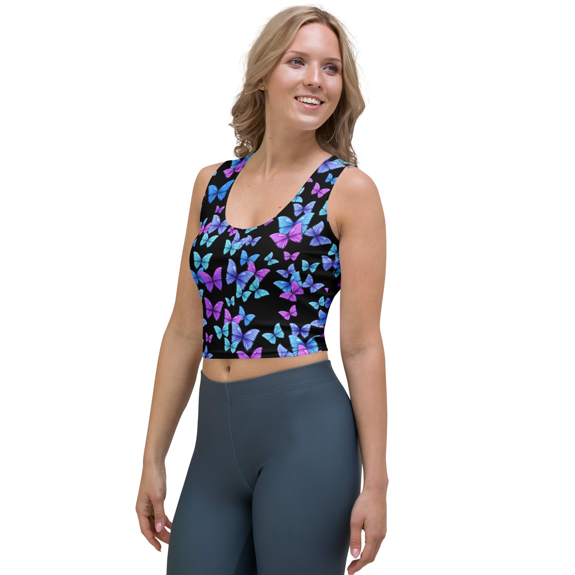 Women's Vibrant Butterfly Buttery Soft Crop Top- Quick-Drying UPF 50+ Stretch Top