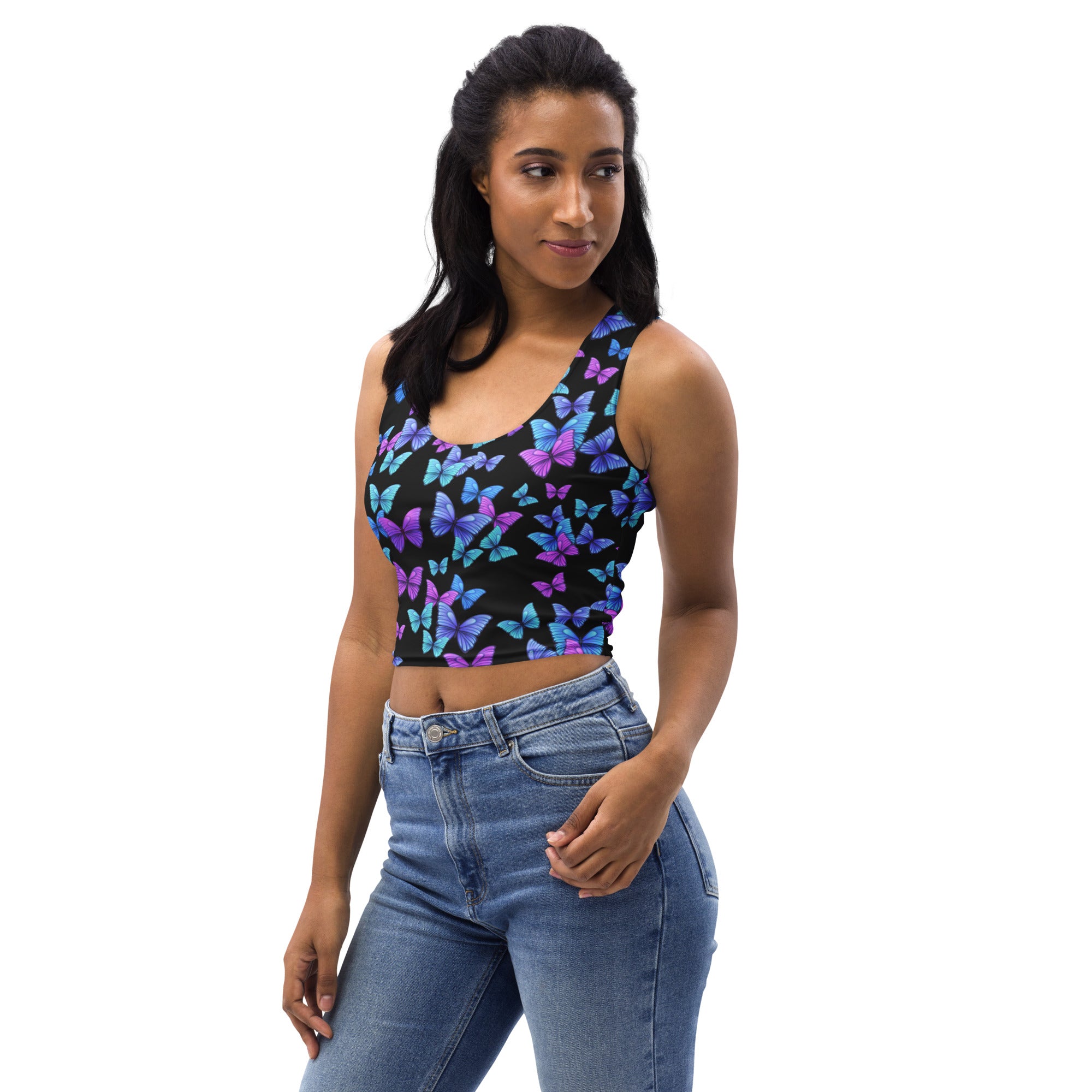 Women's Vibrant Butterfly Buttery Soft Crop Top- Quick-Drying UPF 50+ Stretch Top