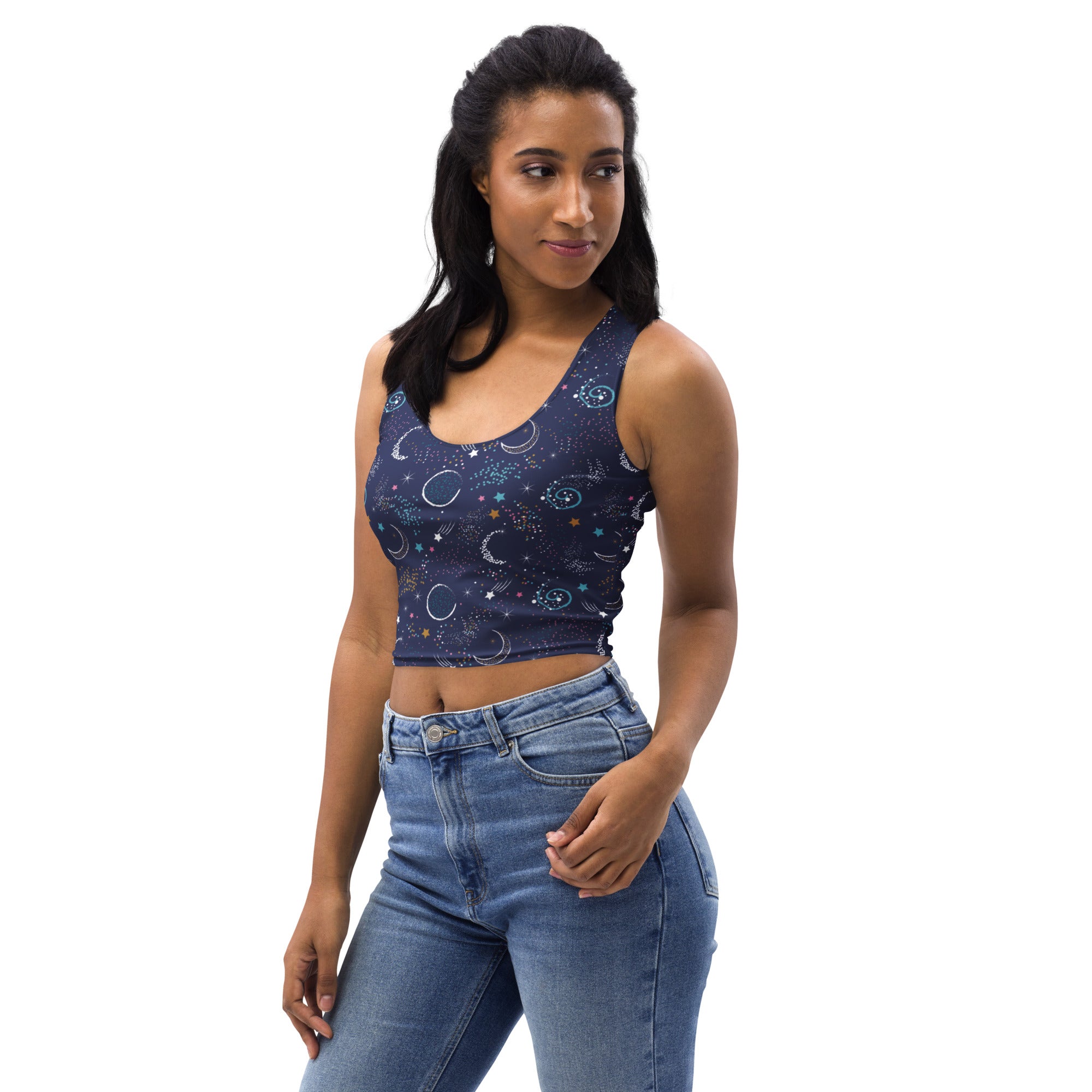 Women's Moon and Stars Buttery Soft Crop Top- Quick-Drying UPF 50+ Stretch Top