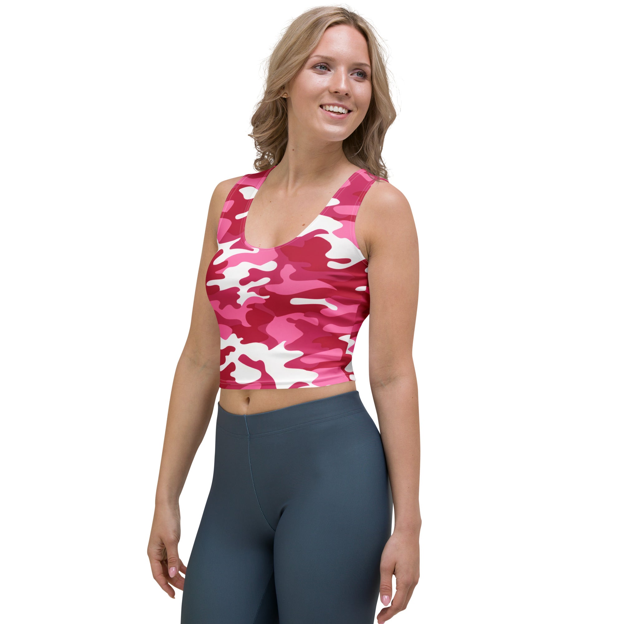 Women's Bright Pink Camouflage Buttery Soft Crop Top- Quick-Drying UPF 50+ Stretch Top
