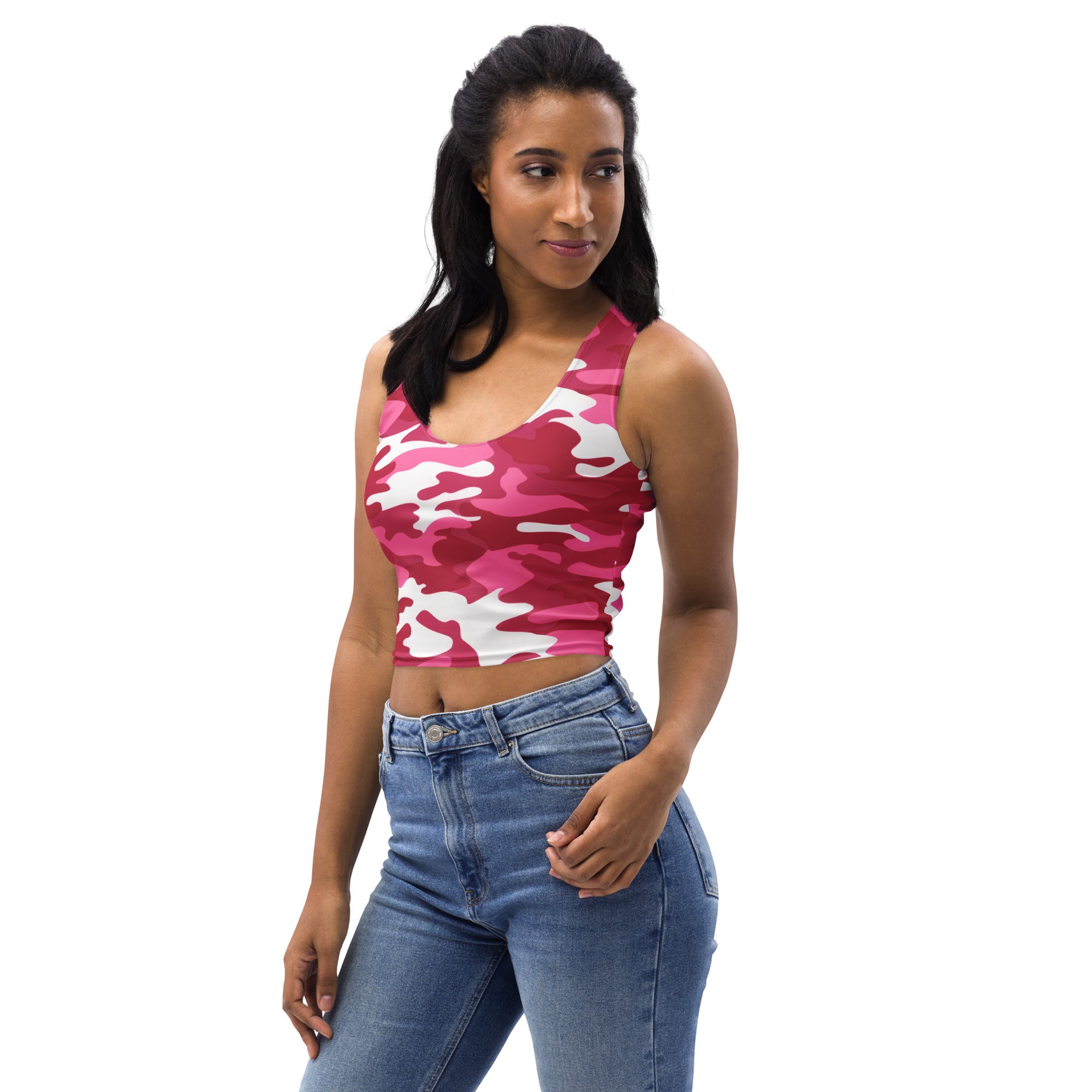 Women's Bright Pink Camouflage Buttery Soft Crop Top- Quick-Drying UPF 50+ Stretch Top