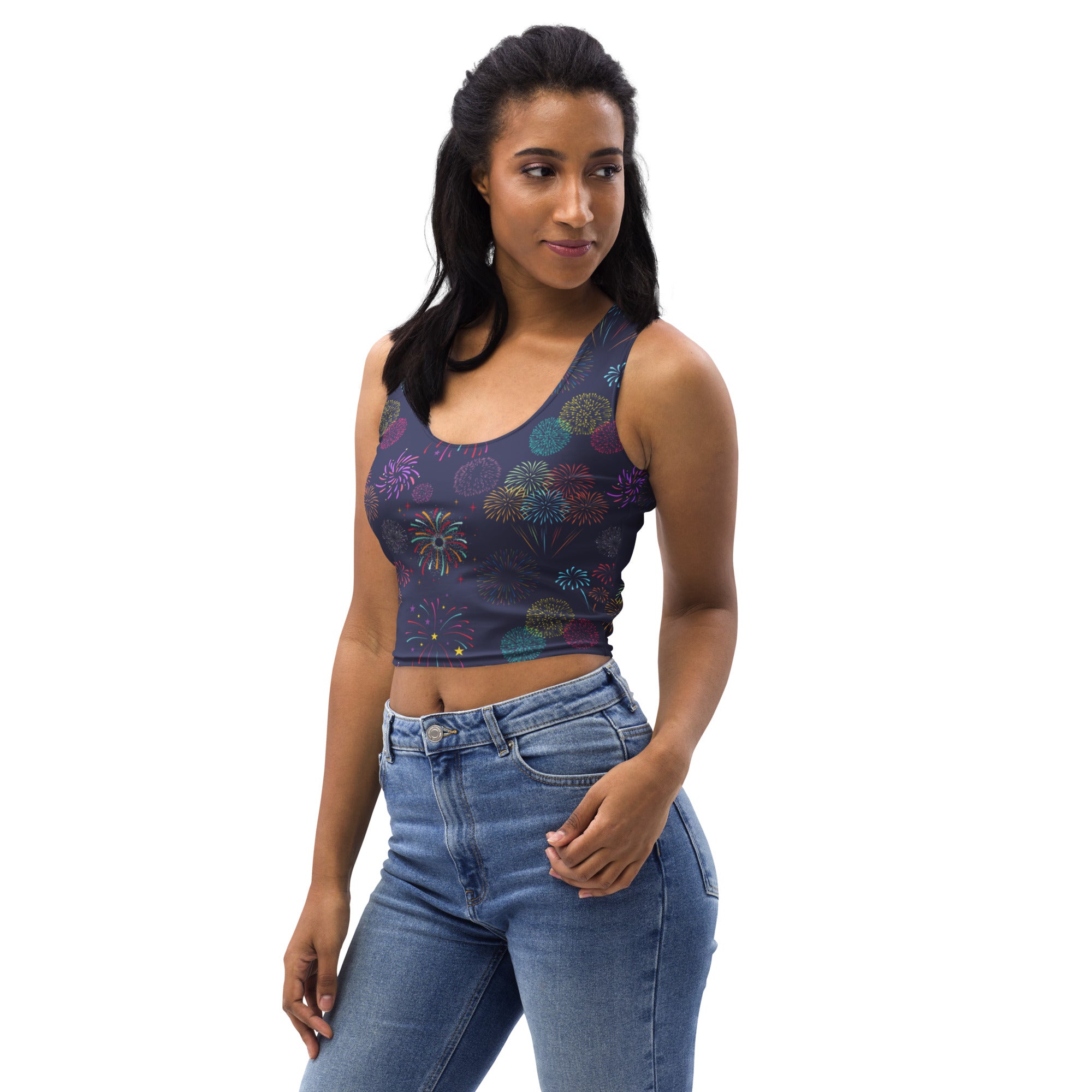 Women's Colorful Fireworks 4th of July Buttery Soft Crop Top- Quick-Drying UPF 50+ Stretch Top