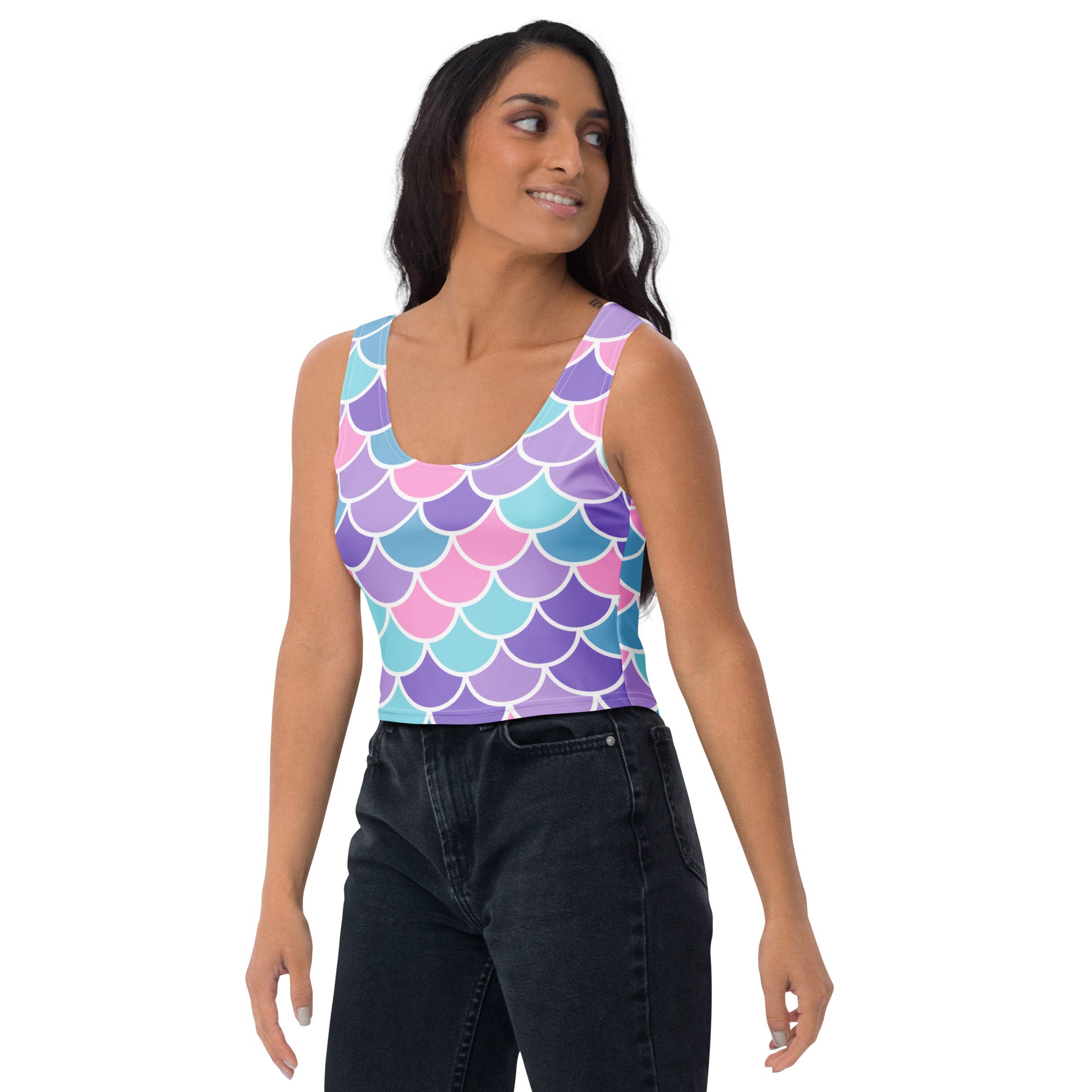 Women's Mermaid Scale Buttery Soft Crop Top- Quick-Drying UPF 50+ Stretch Top