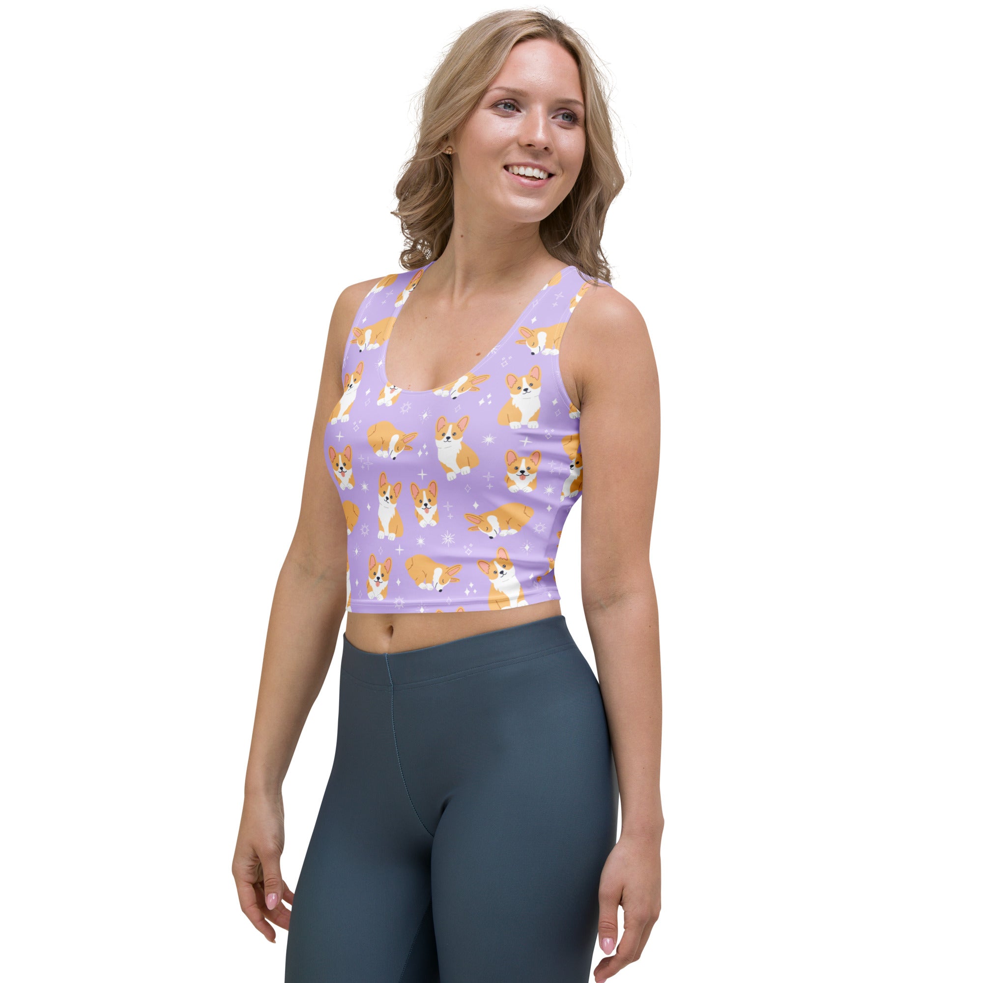 Women's Purple Corgi Dog Buttery Soft Crop Top- Quick-Drying UPF 50+ Stretch Top