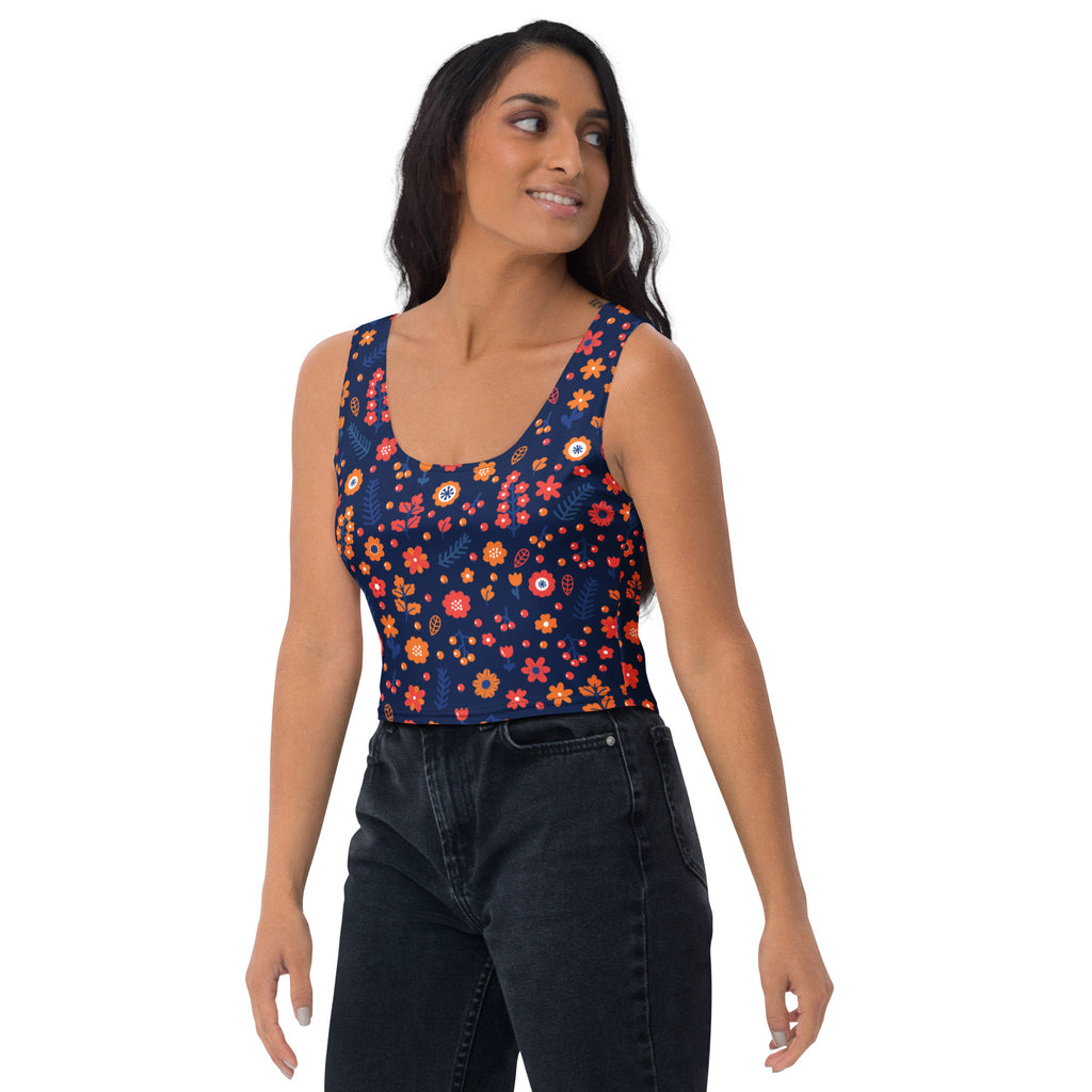 Women's Navy Floral Buttery Soft Crop Top- Quick-Drying UPF 50+ Stretch Top