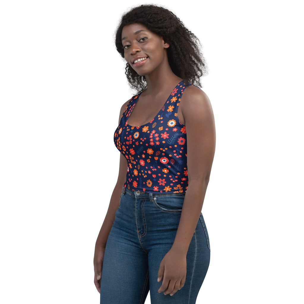 Women's Navy Floral Buttery Soft Crop Top- Quick-Drying UPF 50+ Stretch Top