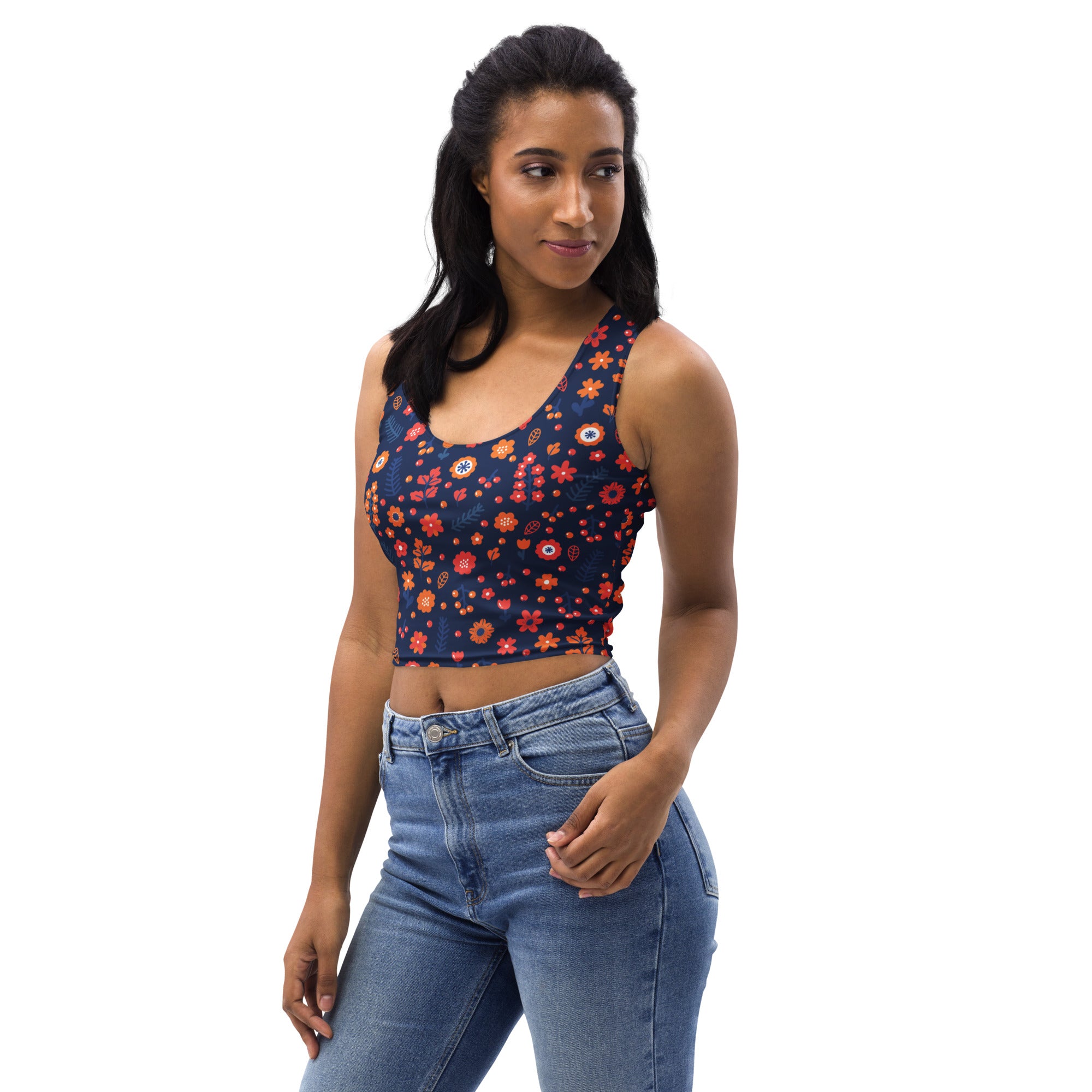 Women's Navy Floral Buttery Soft Crop Top- Quick-Drying UPF 50+ Stretch Top
