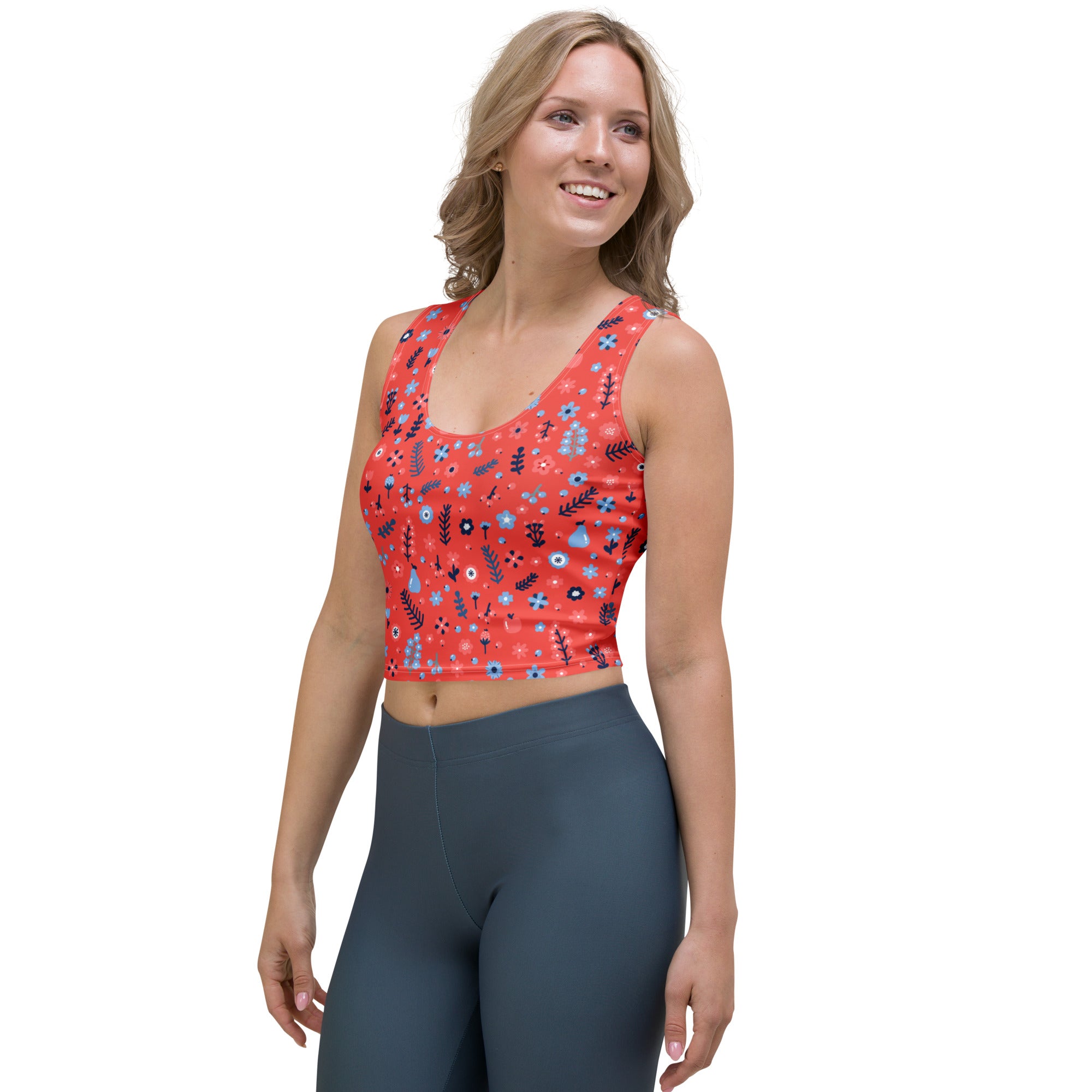 Women's Red Floral Buttery Soft Crop Top- Quick-Drying UPF 50+ Stretch Top