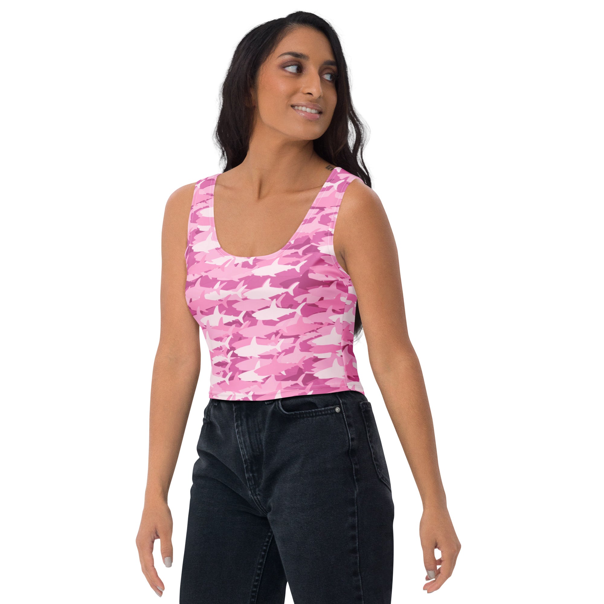 Women's Pink Shark Camouflage Buttery Soft Crop Top- Quick-Drying UPF 50+ Stretch Top