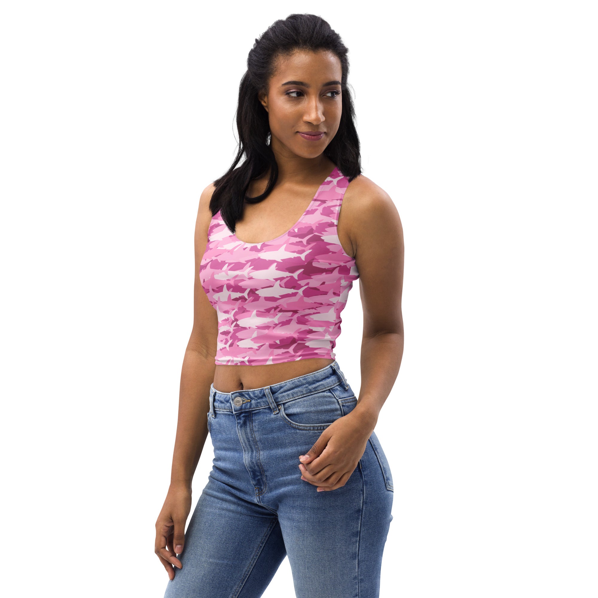 Women's Pink Shark Camouflage Buttery Soft Crop Top- Quick-Drying UPF 50+ Stretch Top