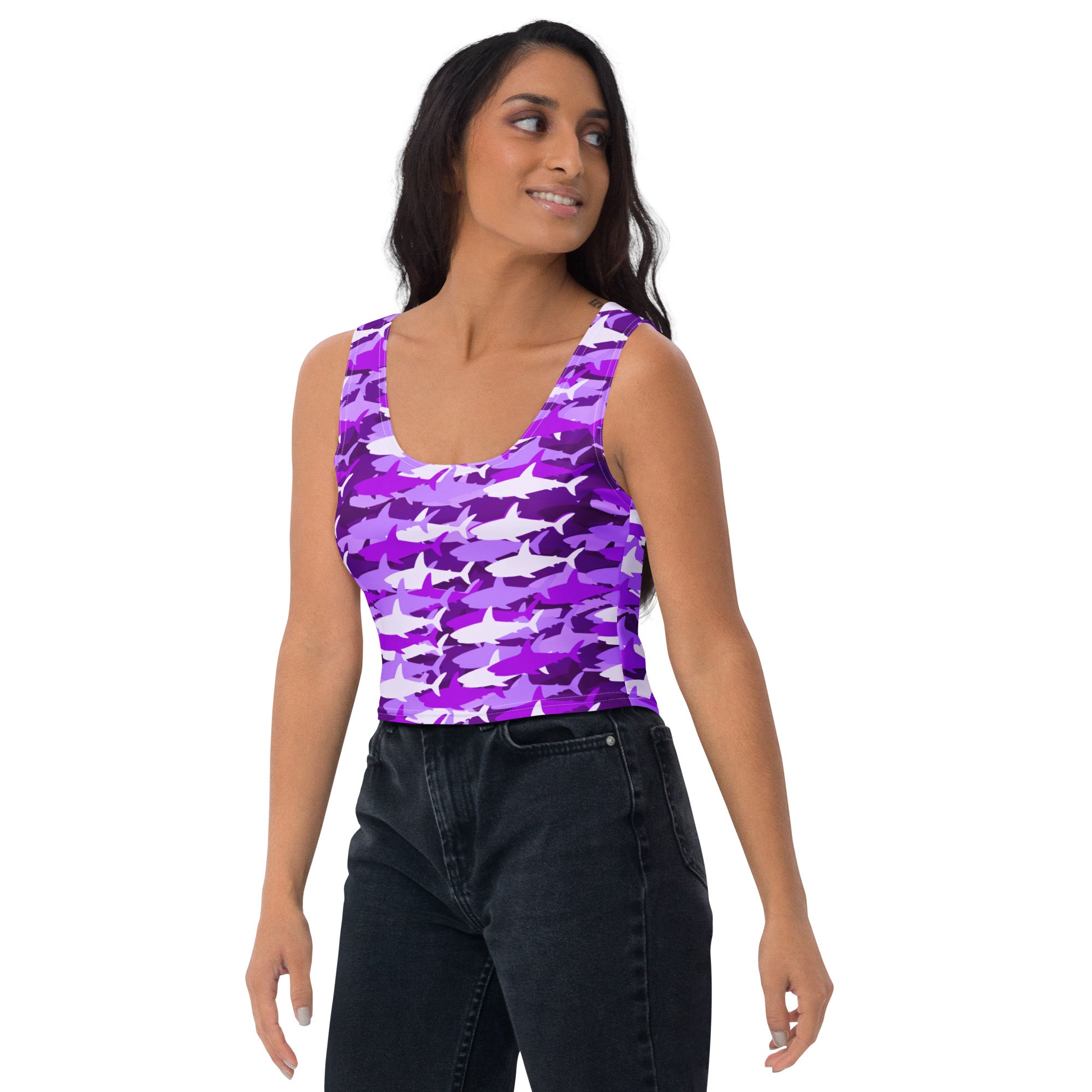 Women's Purple Shark Camouflage Buttery Soft Crop Top- Quick-Drying UPF 50+ Stretch Top
