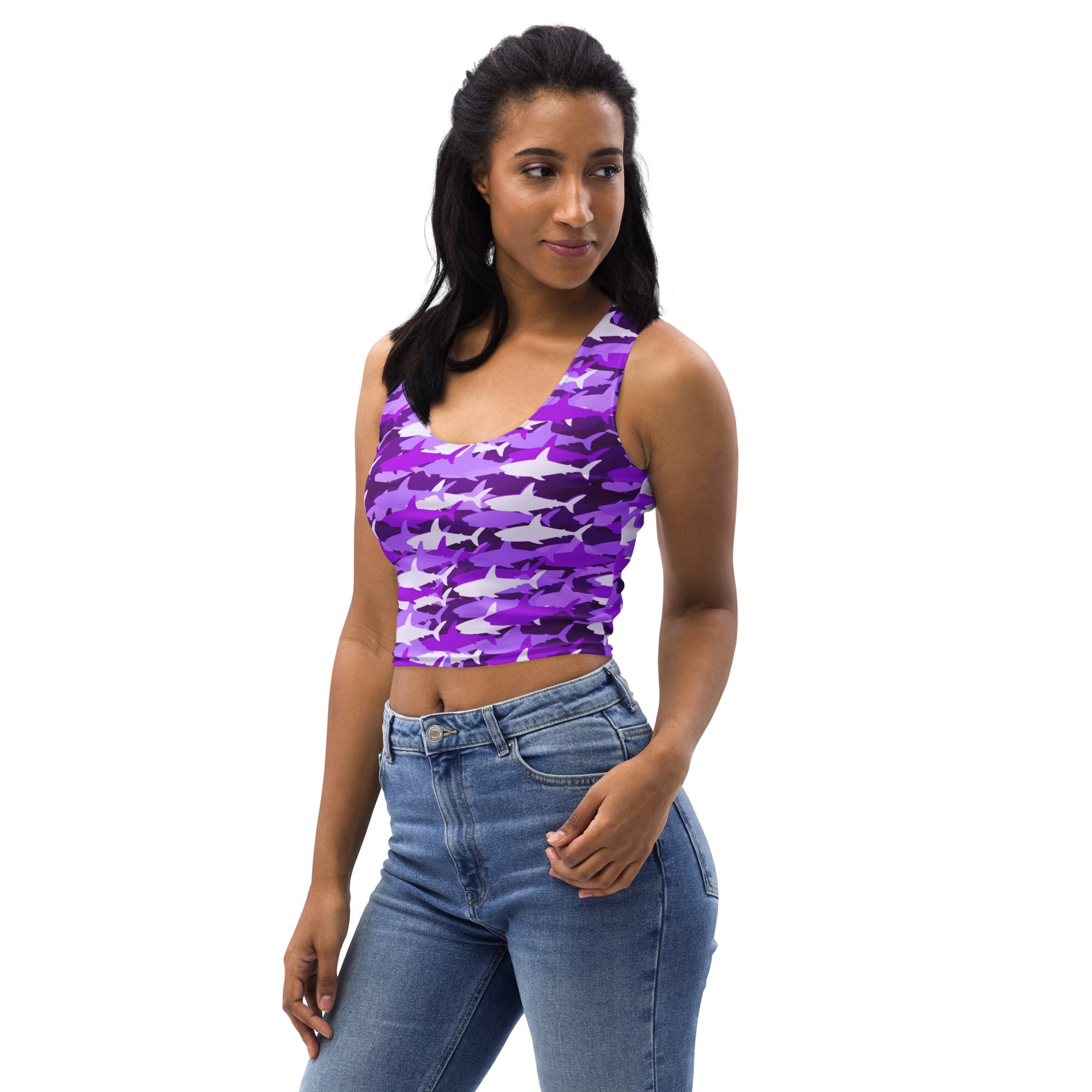 Women's Purple Shark Camouflage Buttery Soft Crop Top- Quick-Drying UPF 50+ Stretch Top