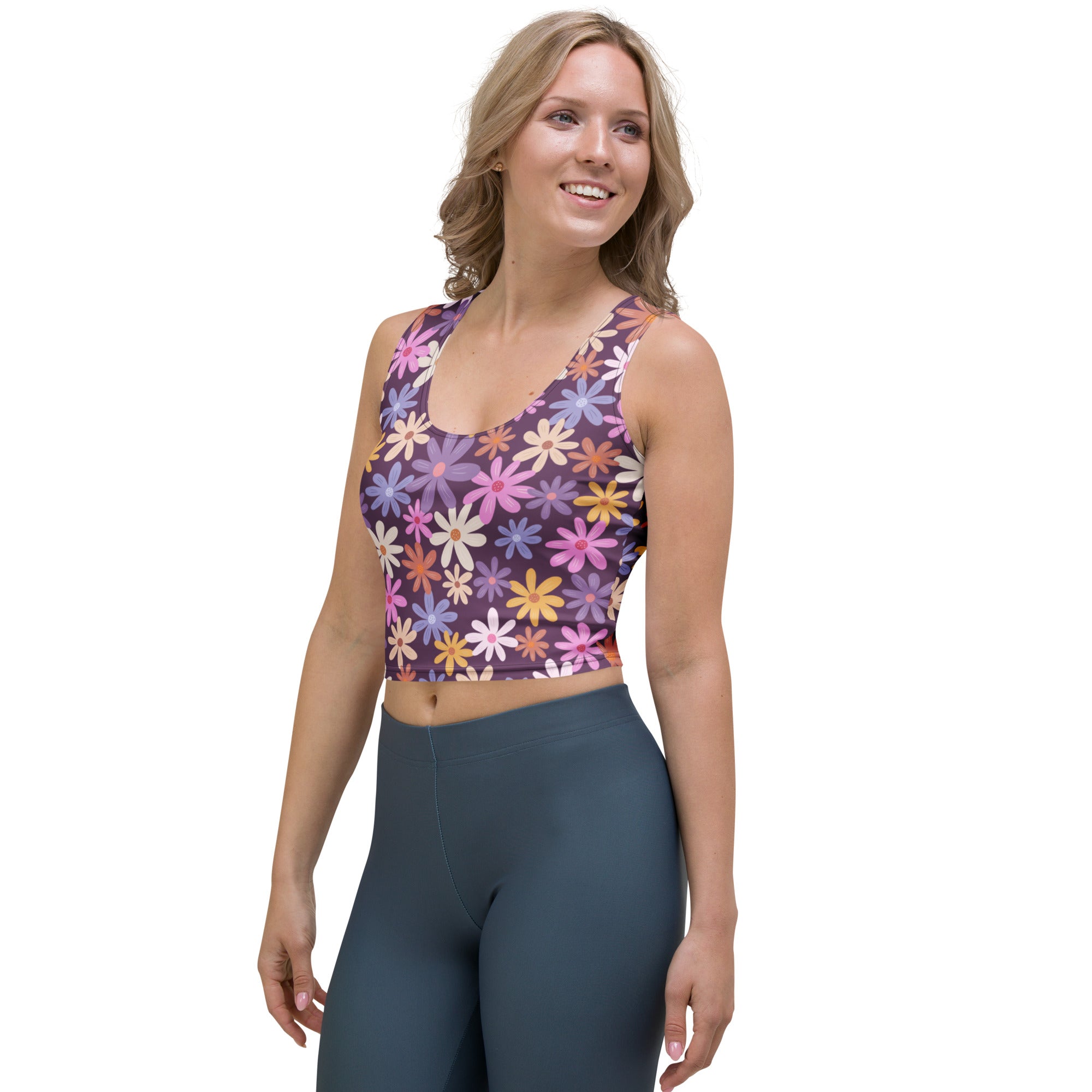 Women's Purple Daisy Floral Buttery Soft Crop Top- Quick-Drying UPF 50+ Stretch Top