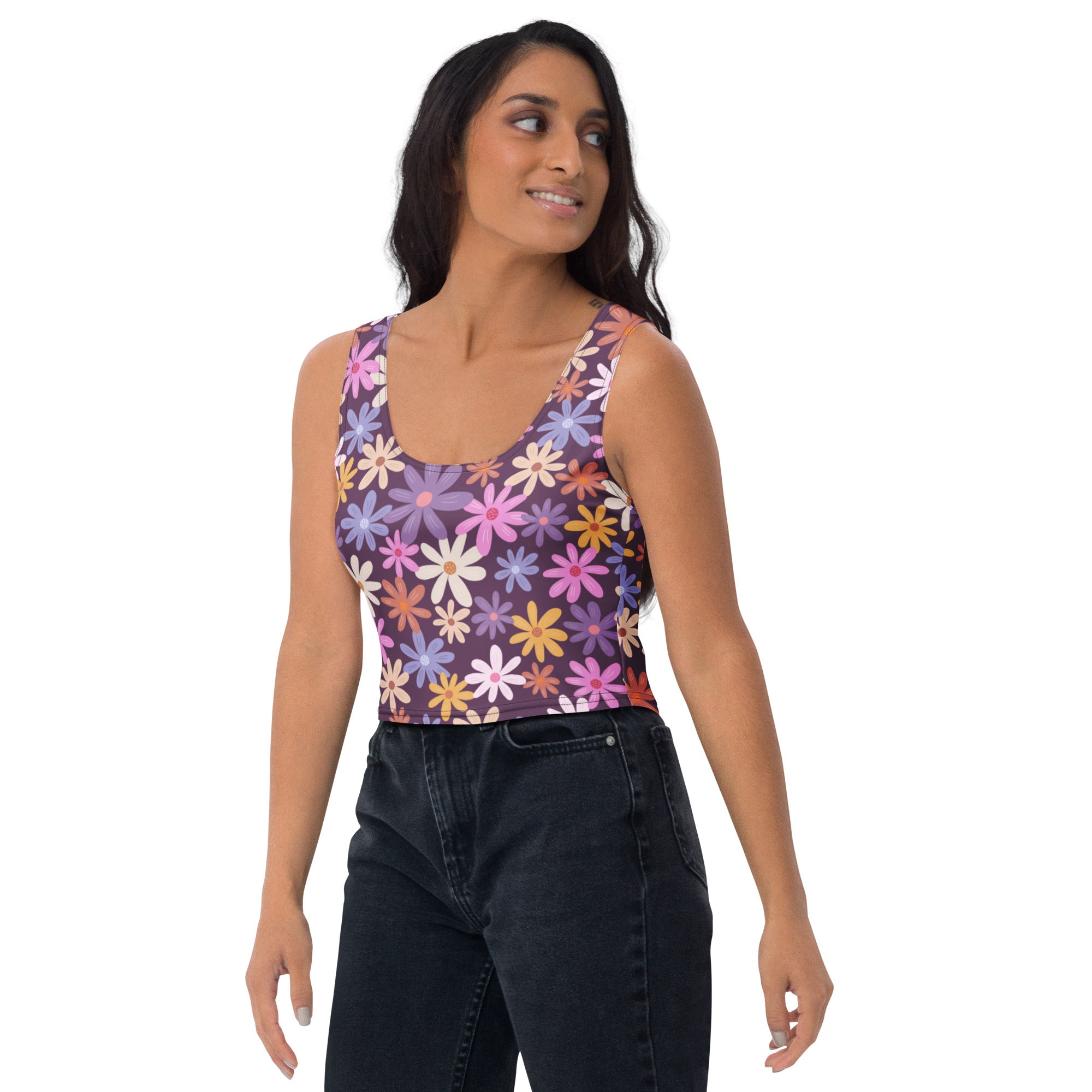 Women's Purple Daisy Floral Buttery Soft Crop Top- Quick-Drying UPF 50+ Stretch Top