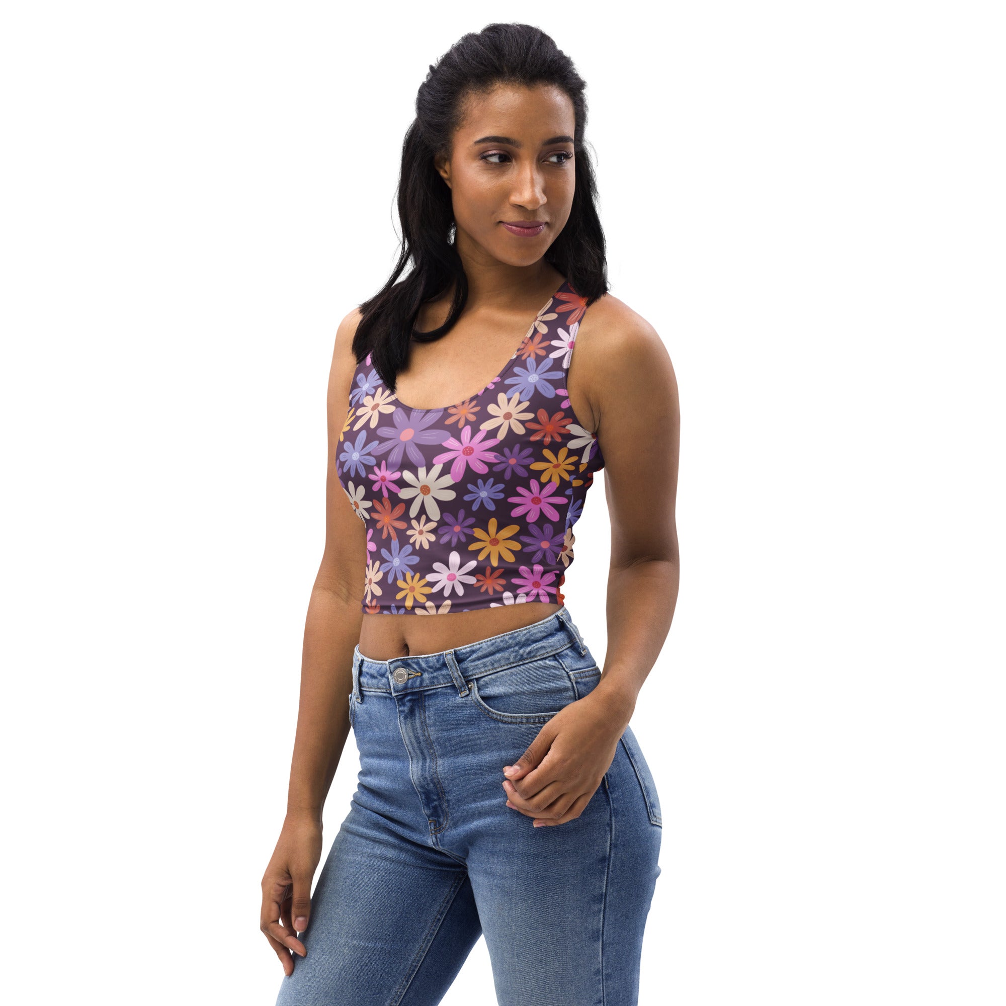Women's Purple Daisy Floral Buttery Soft Crop Top- Quick-Drying UPF 50+ Stretch Top