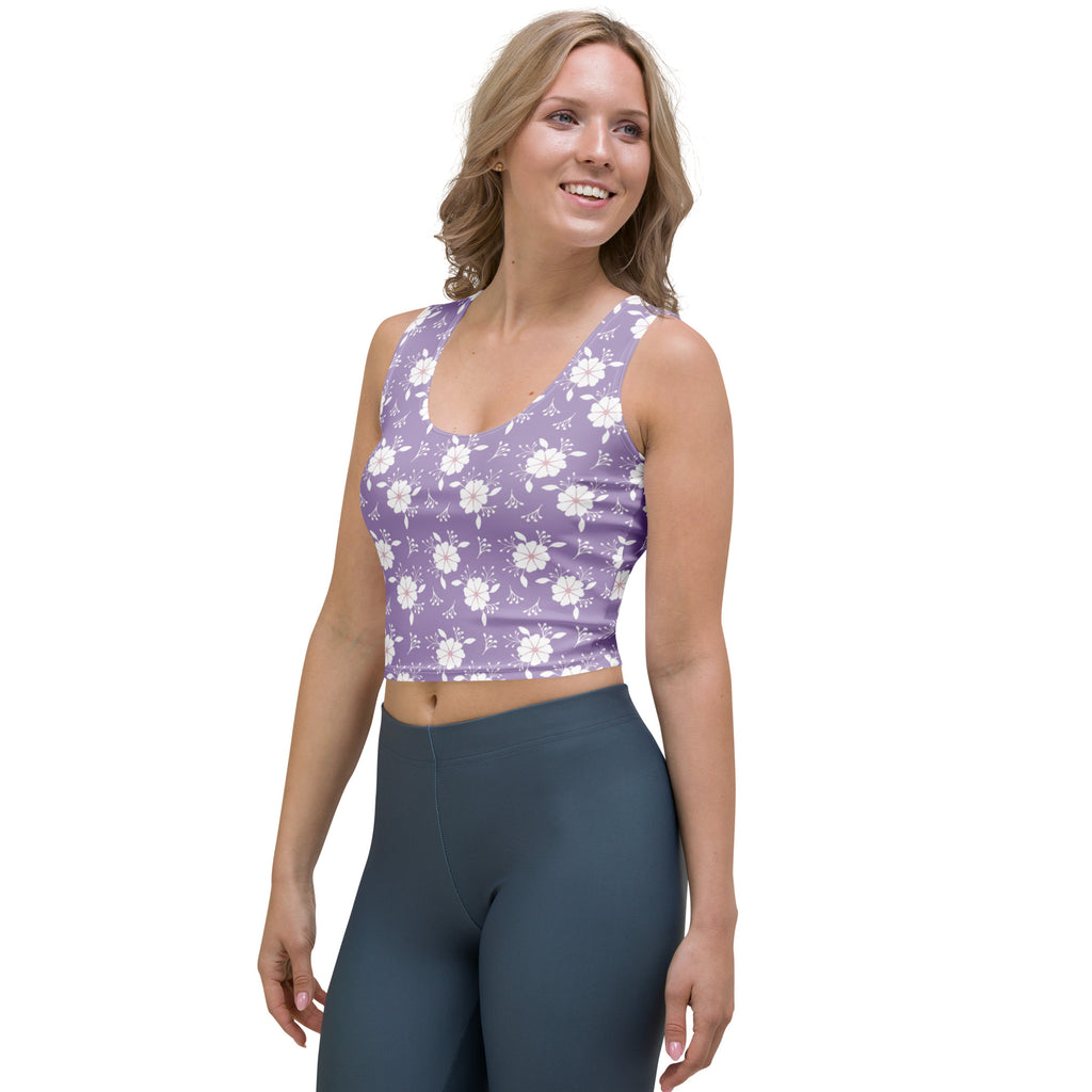 Women's Purple White Floral Buttery Soft Crop Top- Quick-Drying UPF 50+ Stretch Top