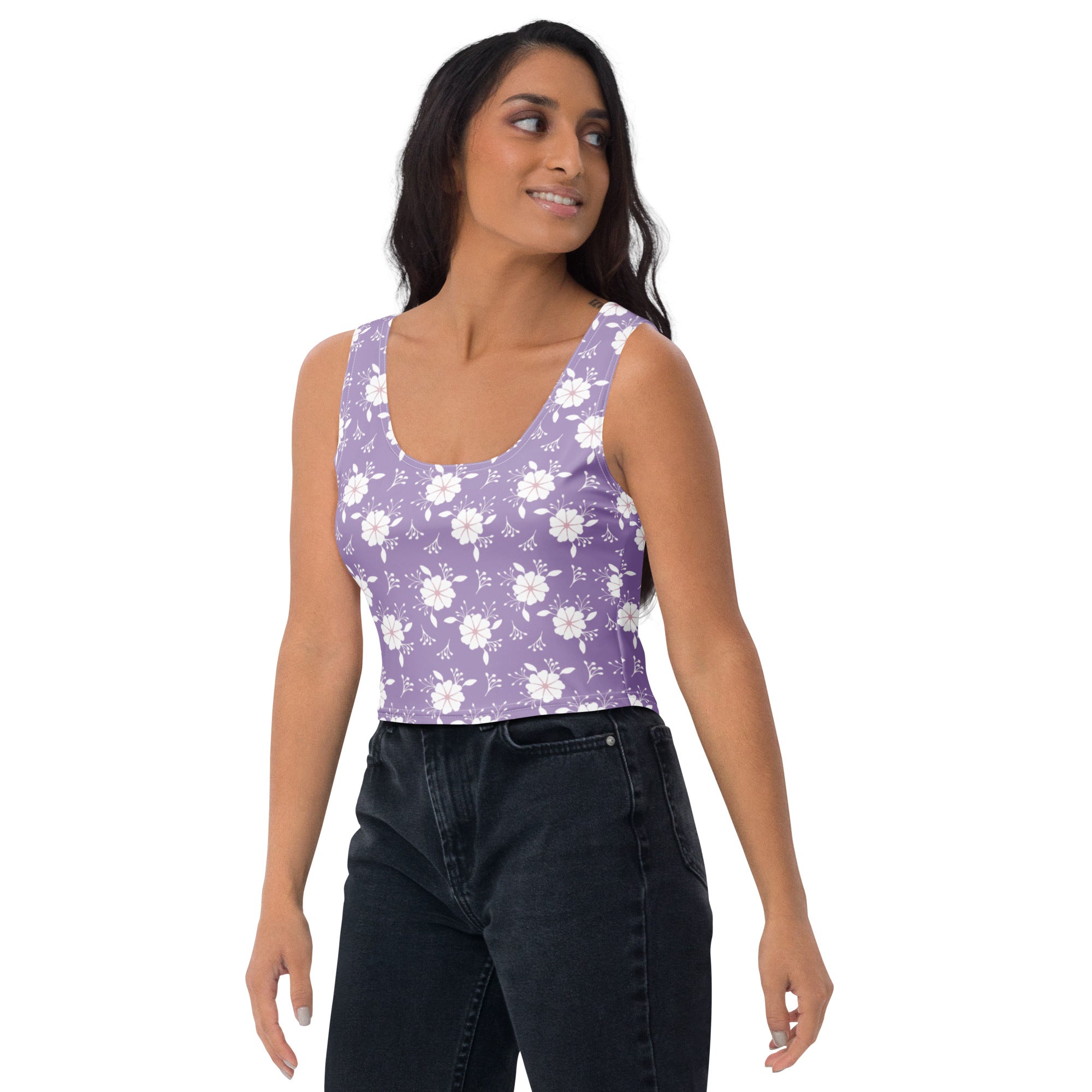 Women's Purple White Floral Buttery Soft Crop Top- Quick-Drying UPF 50+ Stretch Top